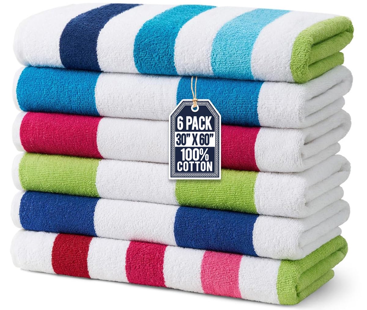 Ben Kaufman Terry Cabana Striped Towels - Oversized Towel for Beach & Pool - Soft Cotton Towels with Absorbent Design - Striped Beach & Pool Towels for Adults & Kids - 6 Pack