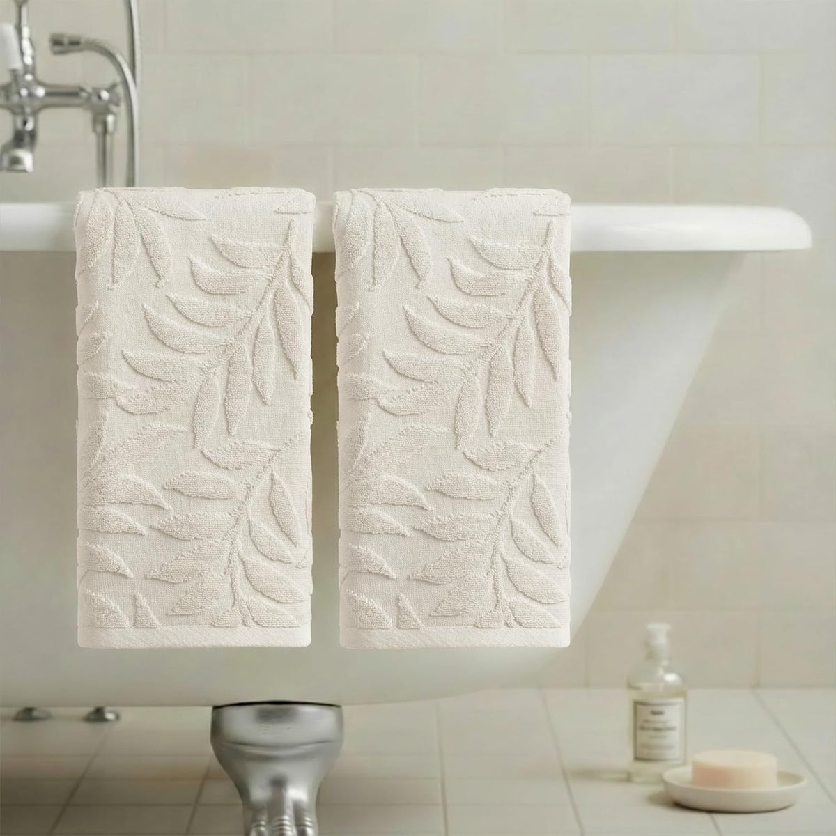 Artoid Mode 2 Pcs Beige 3D Leaves Jacquard Hand Towels for Bathroom, 100% Cotton Soft Absorbent Bathroom Decor Towels, 13.7 x 29.5 Inch
