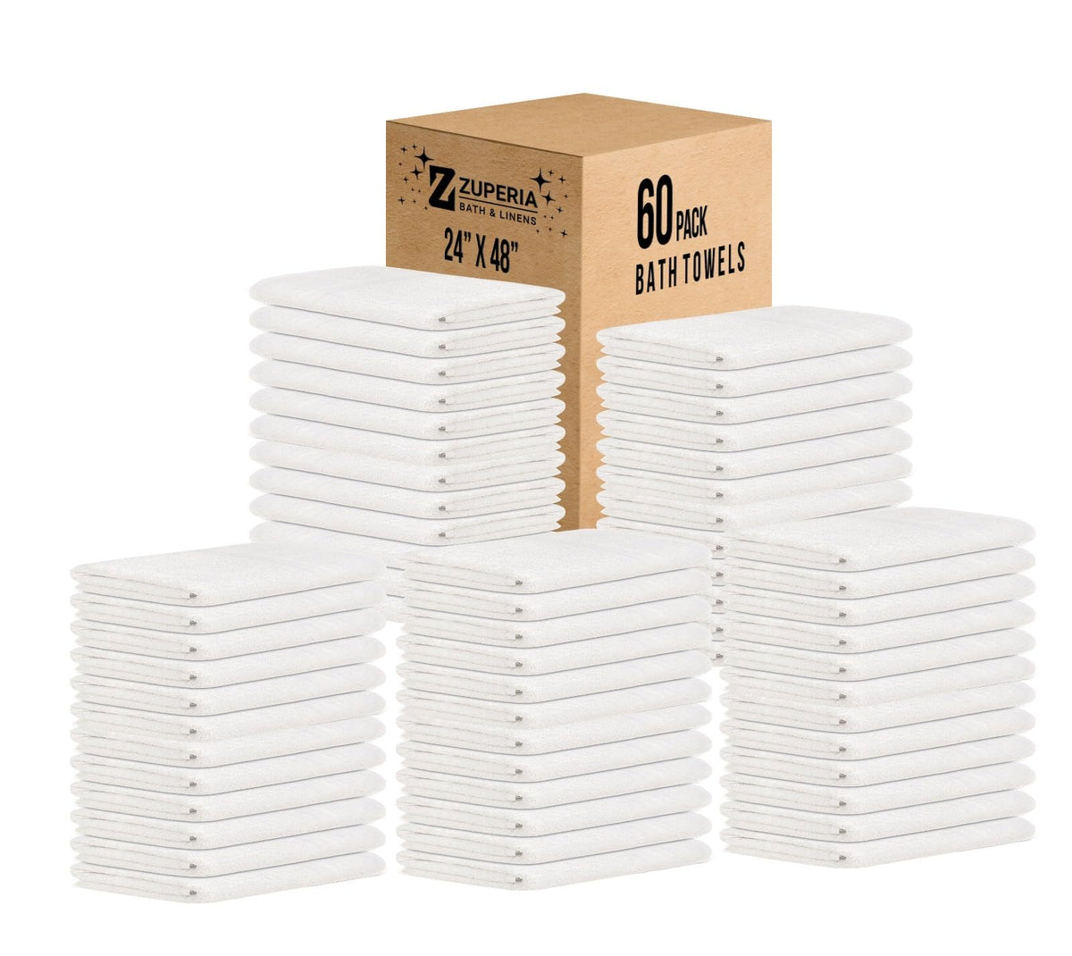 ZUPERIA White Bath Towels Bulk 12 Pack (20 x 40 Inches) - 100% Cotton Economy Light Weight Towels for Commercial Use - Quick Dry, Ultra-Soft, and Absorbent Bulk Towels