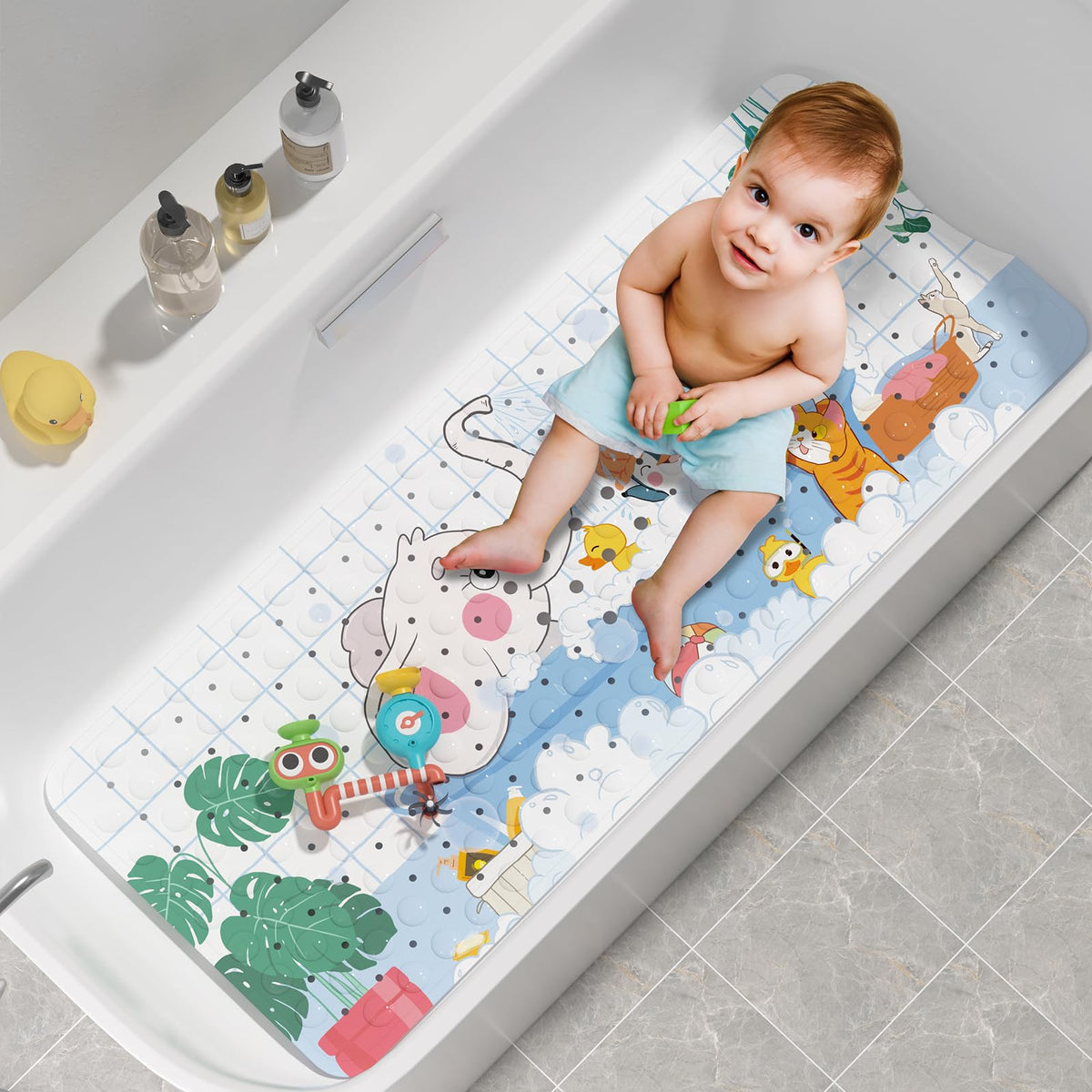 AmazerBath Shower Mat Non Slip 40 x 16 Inches, Bathtub Mat Shower Stall Mats with Suction Cups and Drain Holes, Non Slip Bath Mat for Tub for Elderly & Kids, Clear Blue