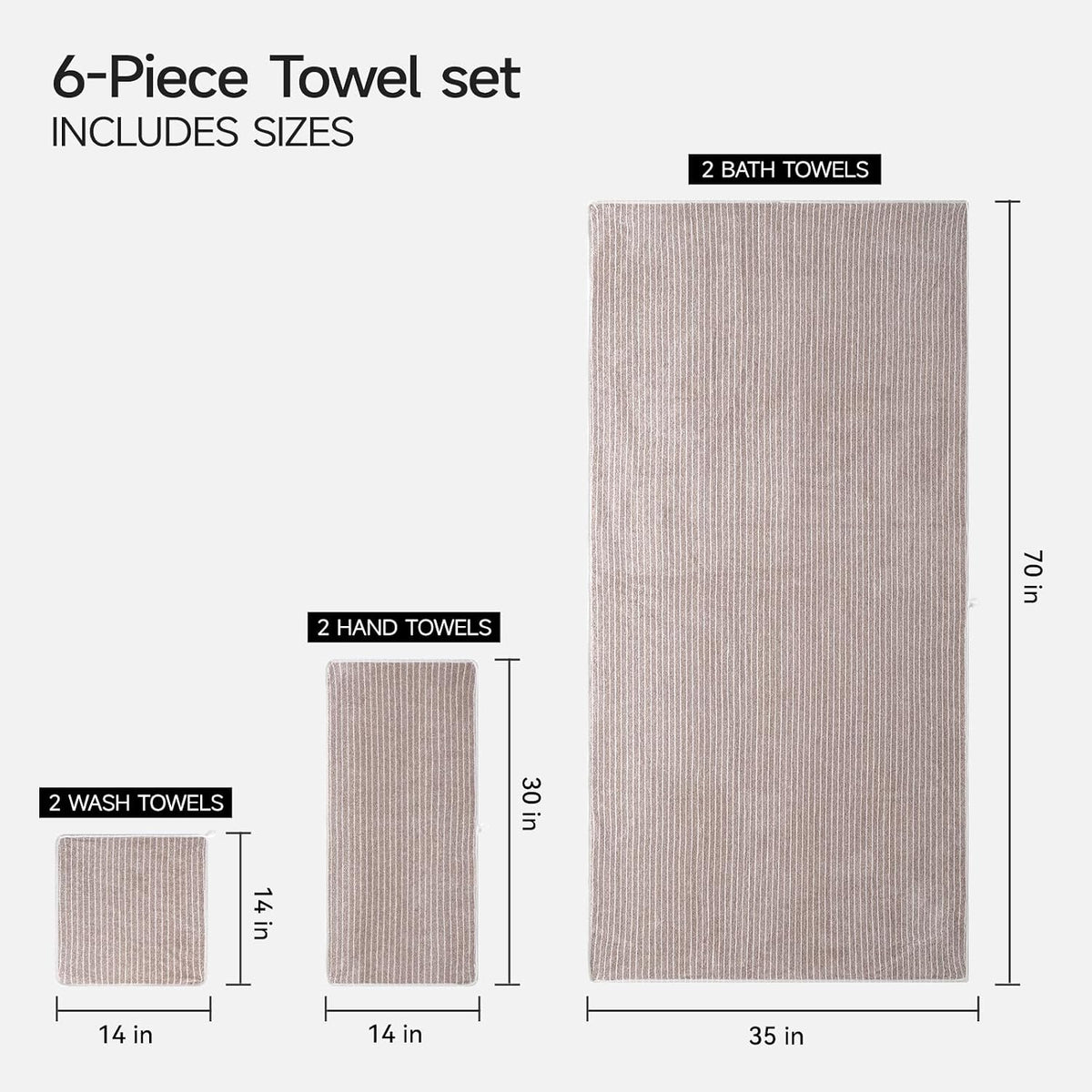 REDKISS 6-Piece Microfiber Bath Towel Set, Ultra Soft, Highly Absorbent & Quick Dry, 35x70 Inch Oversized, Taupe Towels for Bathroom, Spa, Gym, 2 Bath 2 Hand 2 Washcloths