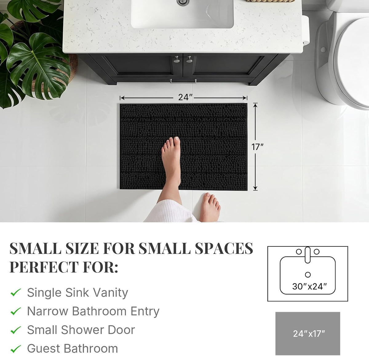 Bcoimo Small Bath Rug Mat,24x17 Chenille Non Slip Black Bathroom Floor Mats