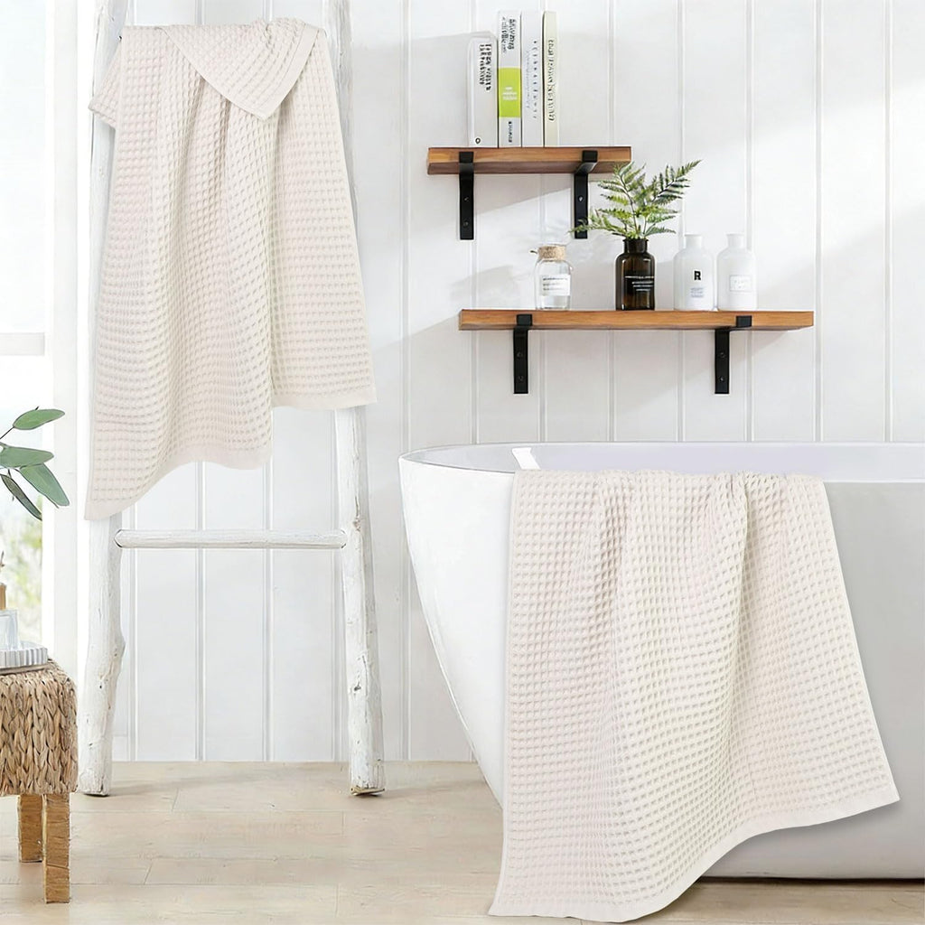Waffle Bath Towels Set of 2 (Mist White) – Cotton, Quick Dry, Low Lint