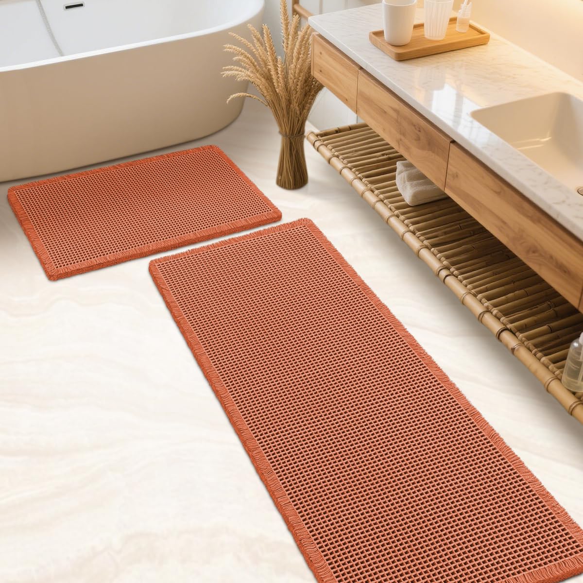 IM HOME Waffle Bath Mat Beige 32"x20", Boho Woven Modern Bath Mat Rugs, Absorbent Non Slip Bathroom Rugs, Soft Washable Bath Rugs with Tassels for Bathroom, Bedroom, Kitchen, Shower, Tub