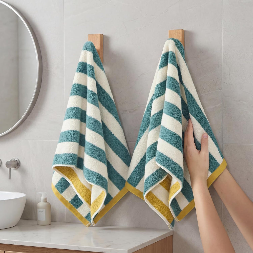 REDKISS Striped Hand Towels for Bathroom, Kitchen Decor, Guest Use, Kids & Adults, 100% Cotton, 12” x 28”, 2 Pack, Green