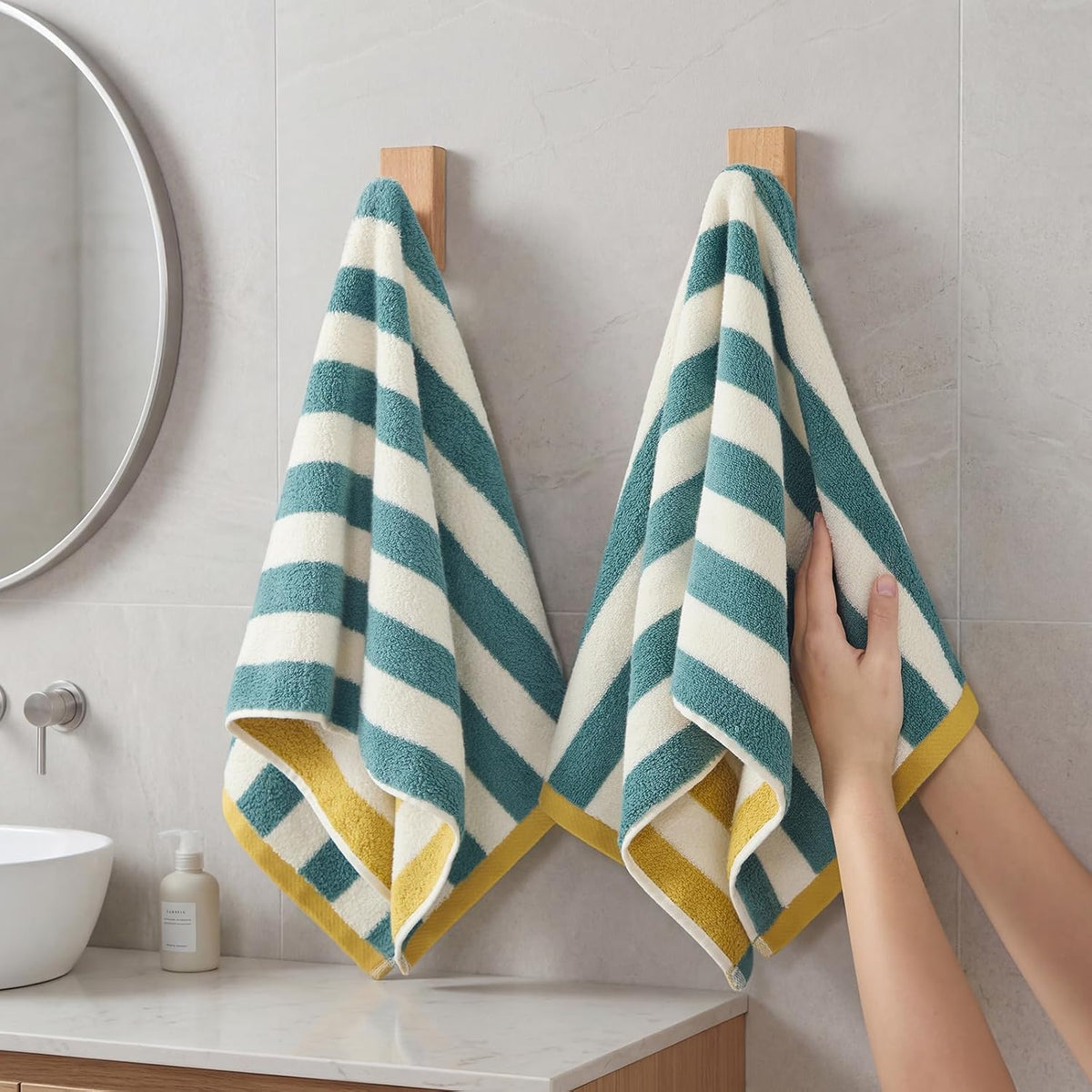 REDKISS Striped Hand Towels for Bathroom, Kitchen Decor, Guest Use, Kids & Adults, 100% Cotton, 12” x 28”, 2 Pack, Green