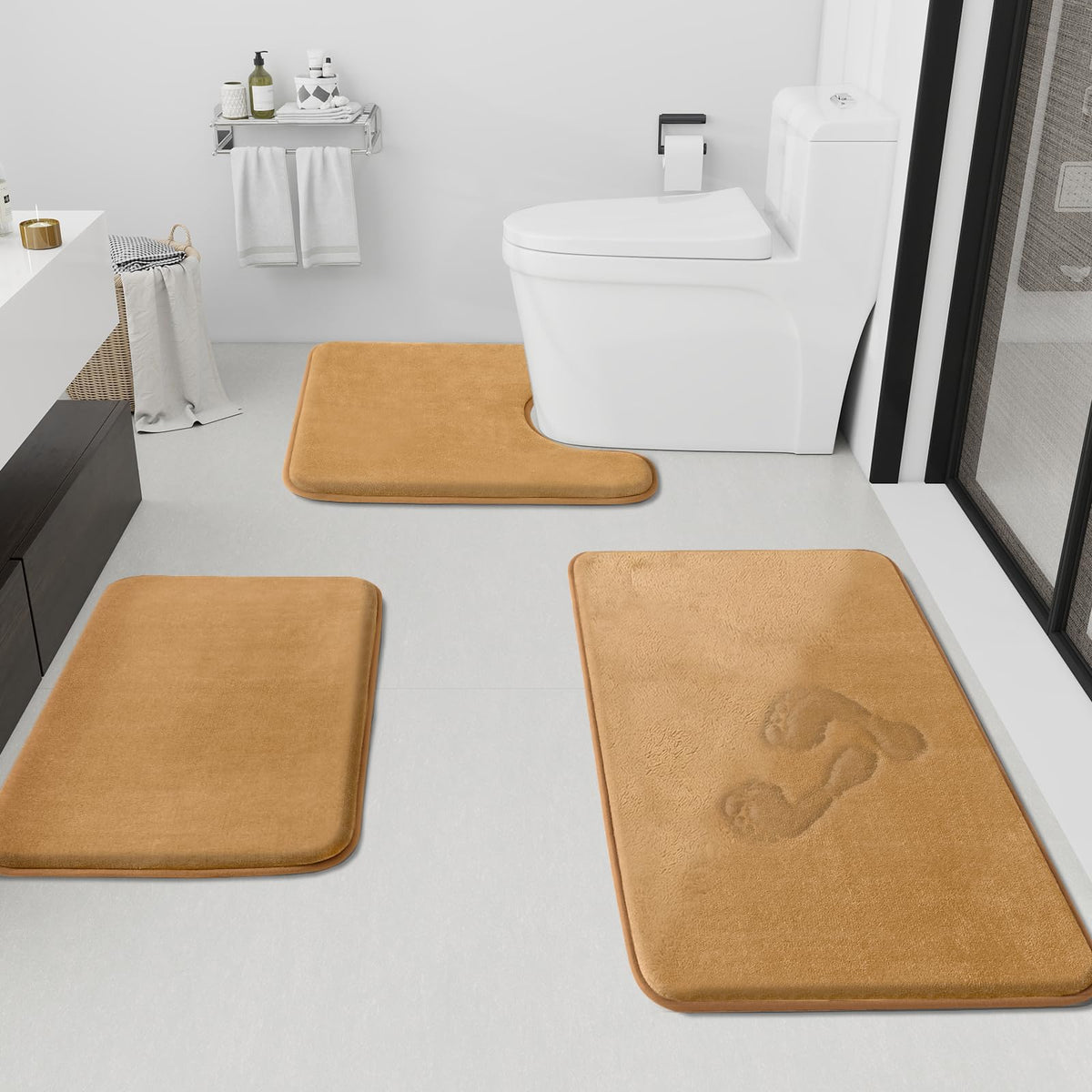 HUXMEYSON Bathroom Rugs Sets 3 Piece, Non-Slip & Quick Dry Bath Mat Set, Ultra Soft Velvet Bath Rugs for Bathroom, Toilet and Shower Floor, Grey
