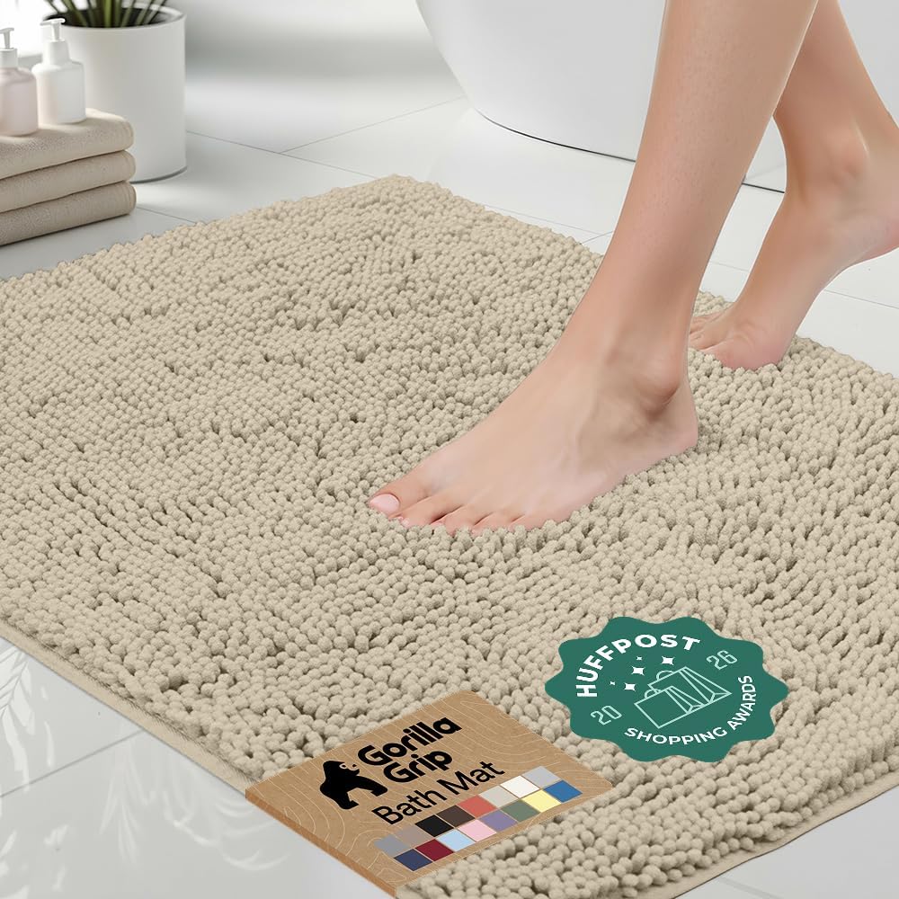 GORILLA GRIP Bath Rug Mat for Bathroom, Absorbent Chenille, 24x17 Gray