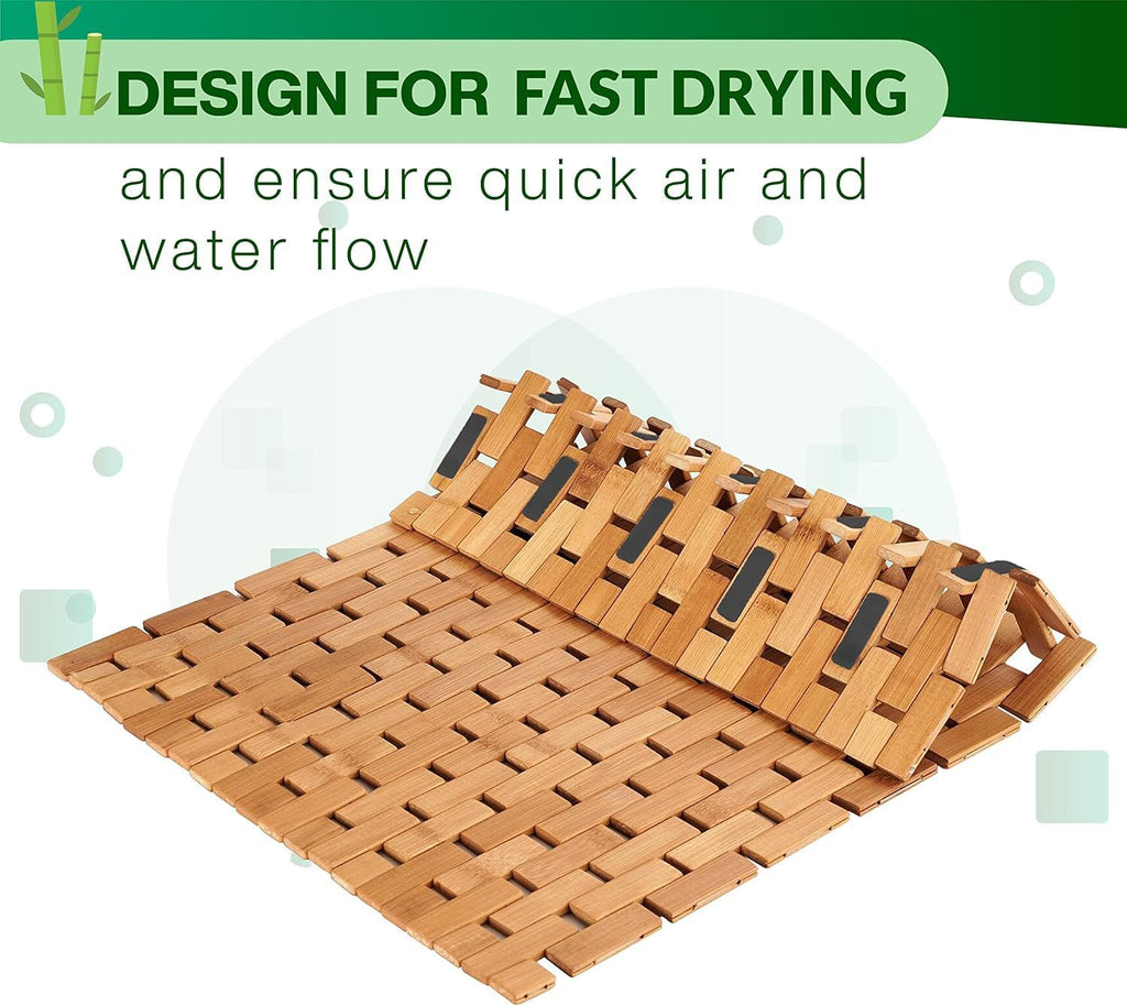 Bamboo Bath Mat, 34 x 18 Inch Foldable Roll-Up Wood Bathmat