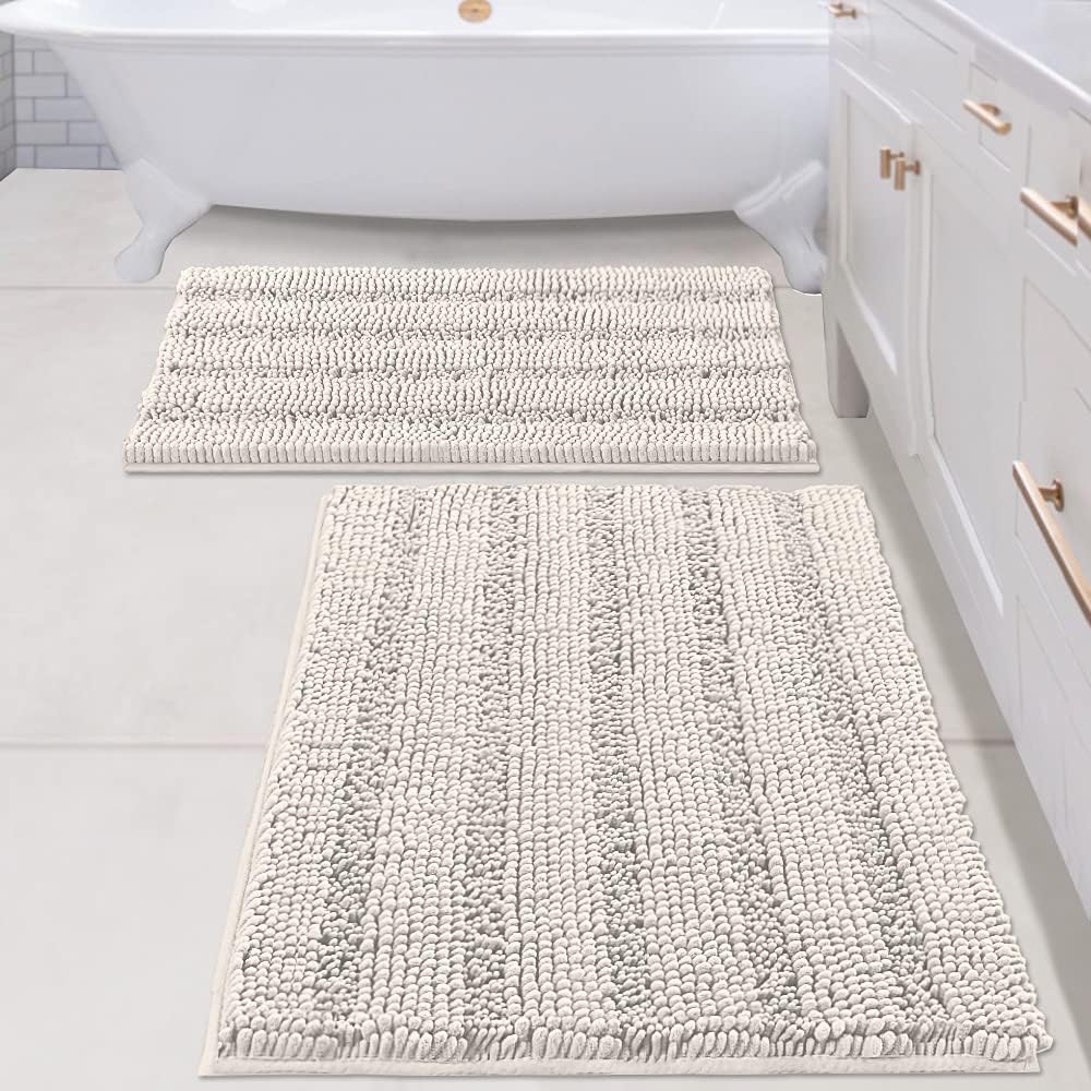 H.VERSAILTEX Sage Bathroom Rugs, Bath Mat Set of 2 Extra Thick Chenille Striped Pattern Shaggy Bath Rugs for Bath Room, Non Skid Bath Mats for Bathroom Floor (32 x 20 Plus 24 x 17 - Inches)