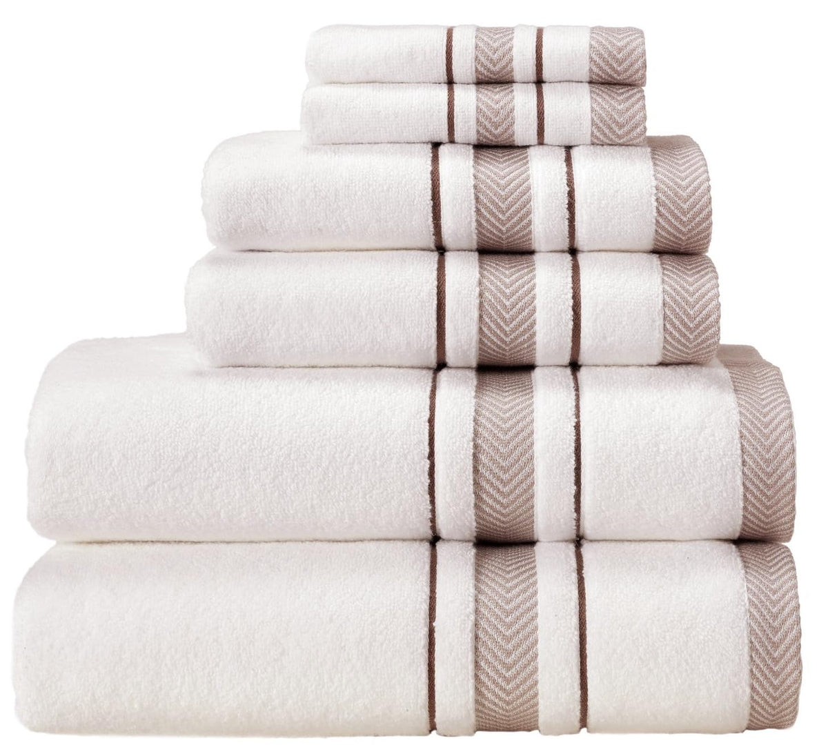 Bath Towels Set for Bathroom – Luxury 6-Piece Cotton Towels, Soft Absorbent & Quick Dry, 600 GSM Bath Towels for Bathroom, Hotel Spa Quality (White/Taupe, 6- Bath Towel Set)
