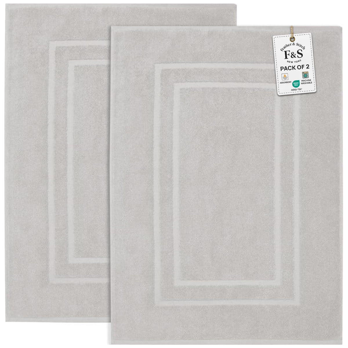 Feather & Stitch 100% Cotton Bath Mats 2 Piece 30x21 Inches, Grey