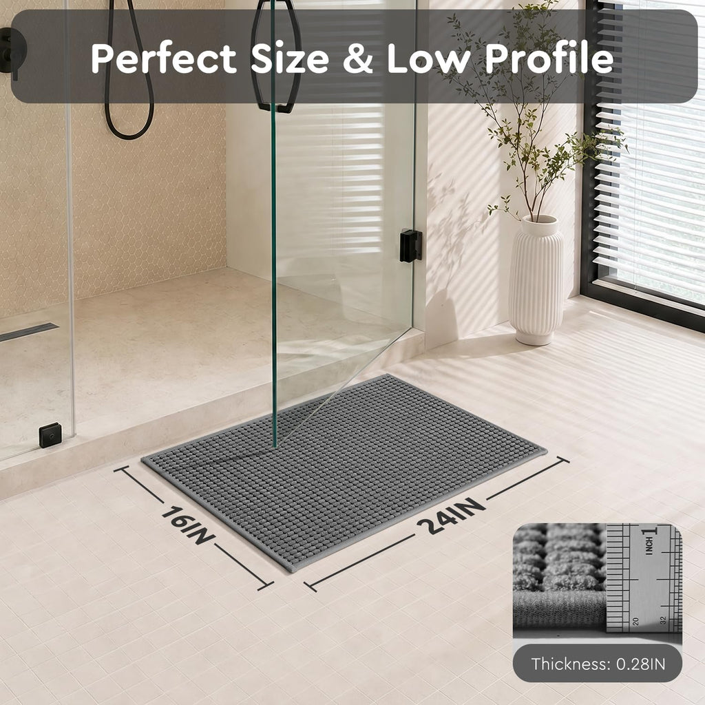 tchdio Bath Mat, Absorbent Bathroom Mat Quick Dry, Thin Bathroom Rugs Fit Under Door, Non Slip Washable Bath Rugs with Solid Rubber Backing, Low Profile Bath Mats for Bathroom, Grey, 16" x 24"