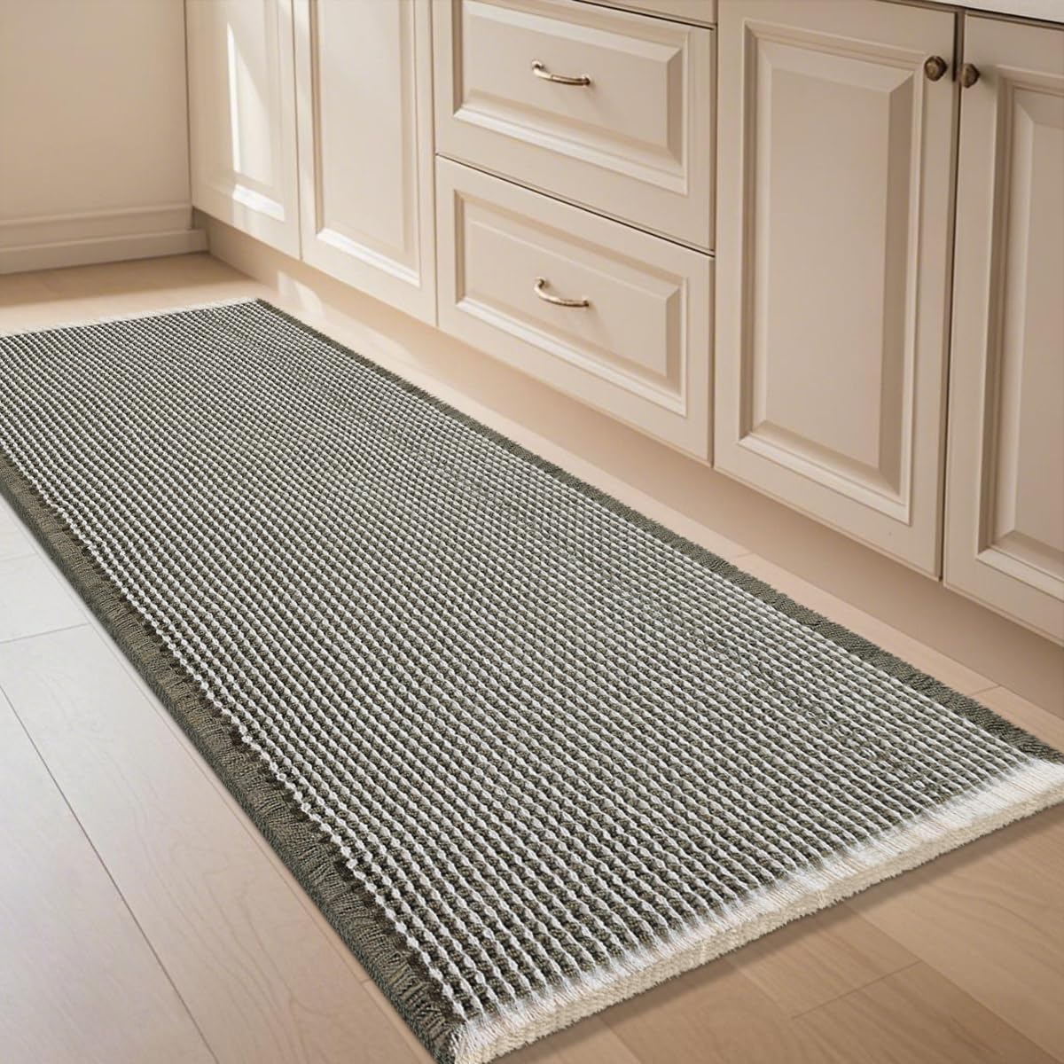 IM HOME Waffle Bath Mat Beige 32"x20", Boho Woven Modern Bath Mat Rugs, Absorbent Non Slip Bathroom Rugs, Soft Washable Bath Rugs with Tassels for Bathroom, Bedroom, Kitchen, Shower, Tub