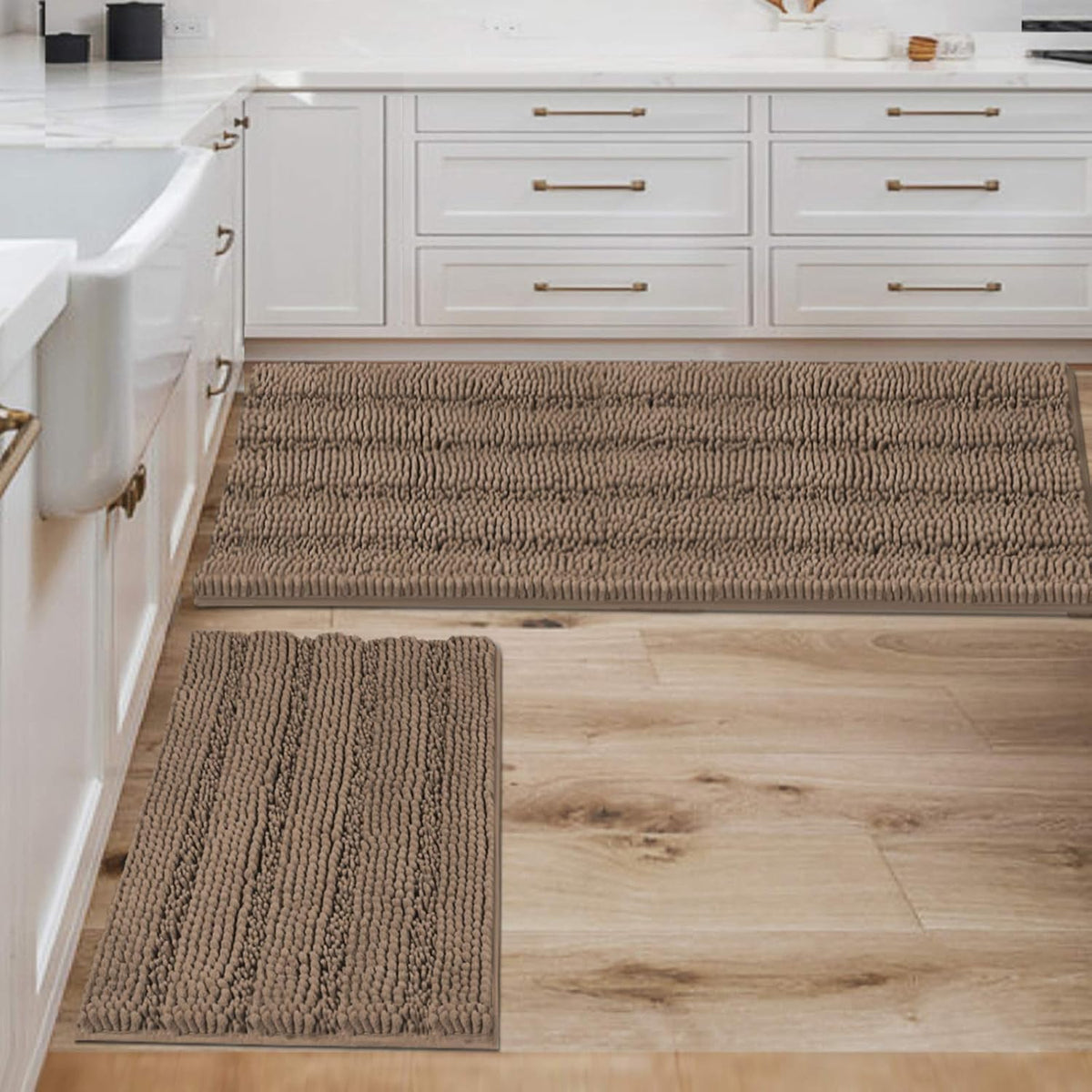 H.VERSAILTEX Sage Bathroom Rugs, Bath Mat Set of 2 Extra Thick Chenille Striped Pattern Shaggy Bath Rugs for Bath Room, Non Skid Bath Mats for Bathroom Floor (32 x 20 Plus 24 x 17 - Inches)