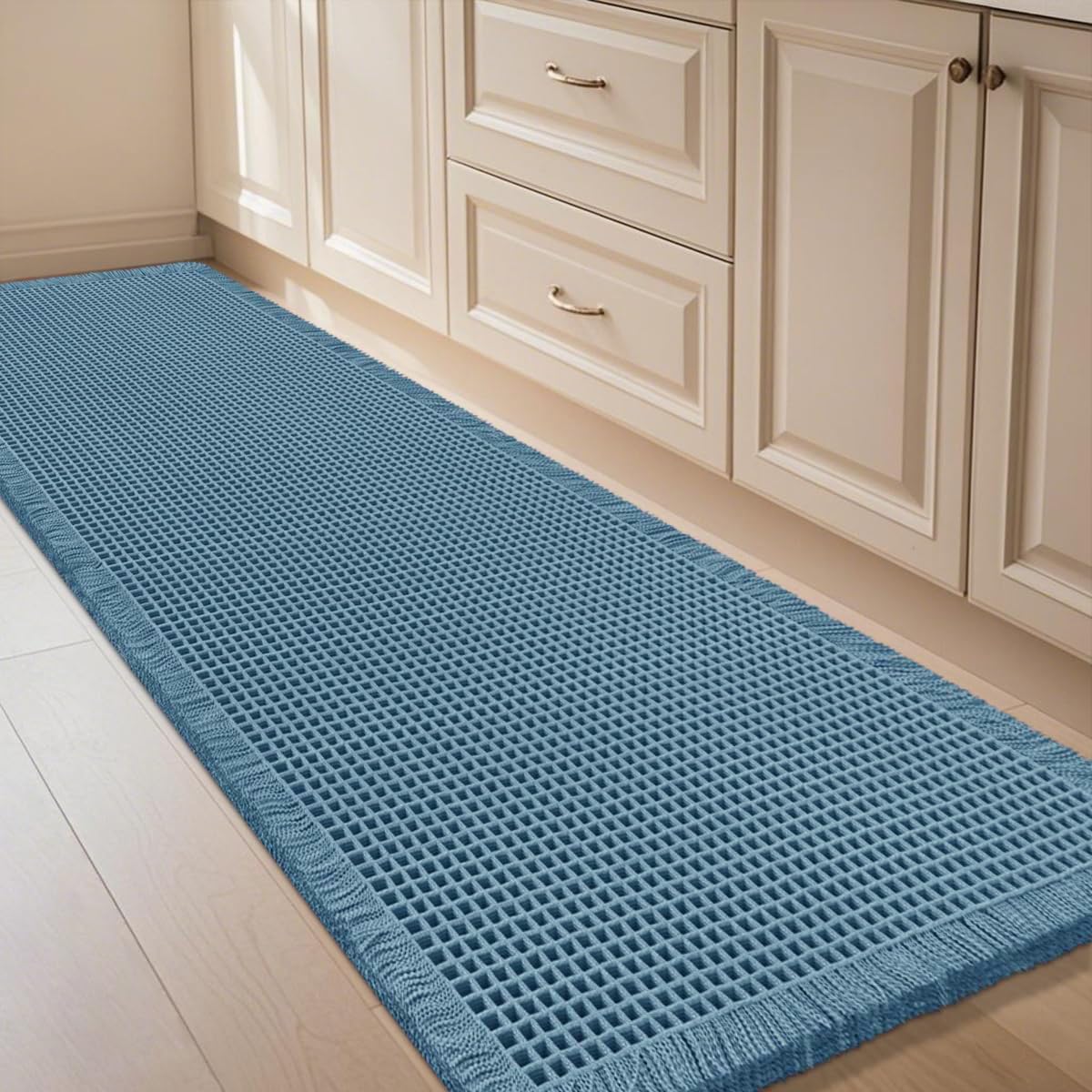 IM HOME Waffle Bath Mat Beige 32"x20", Boho Woven Modern Bath Mat Rugs, Absorbent Non Slip Bathroom Rugs, Soft Washable Bath Rugs with Tassels for Bathroom, Bedroom, Kitchen, Shower, Tub