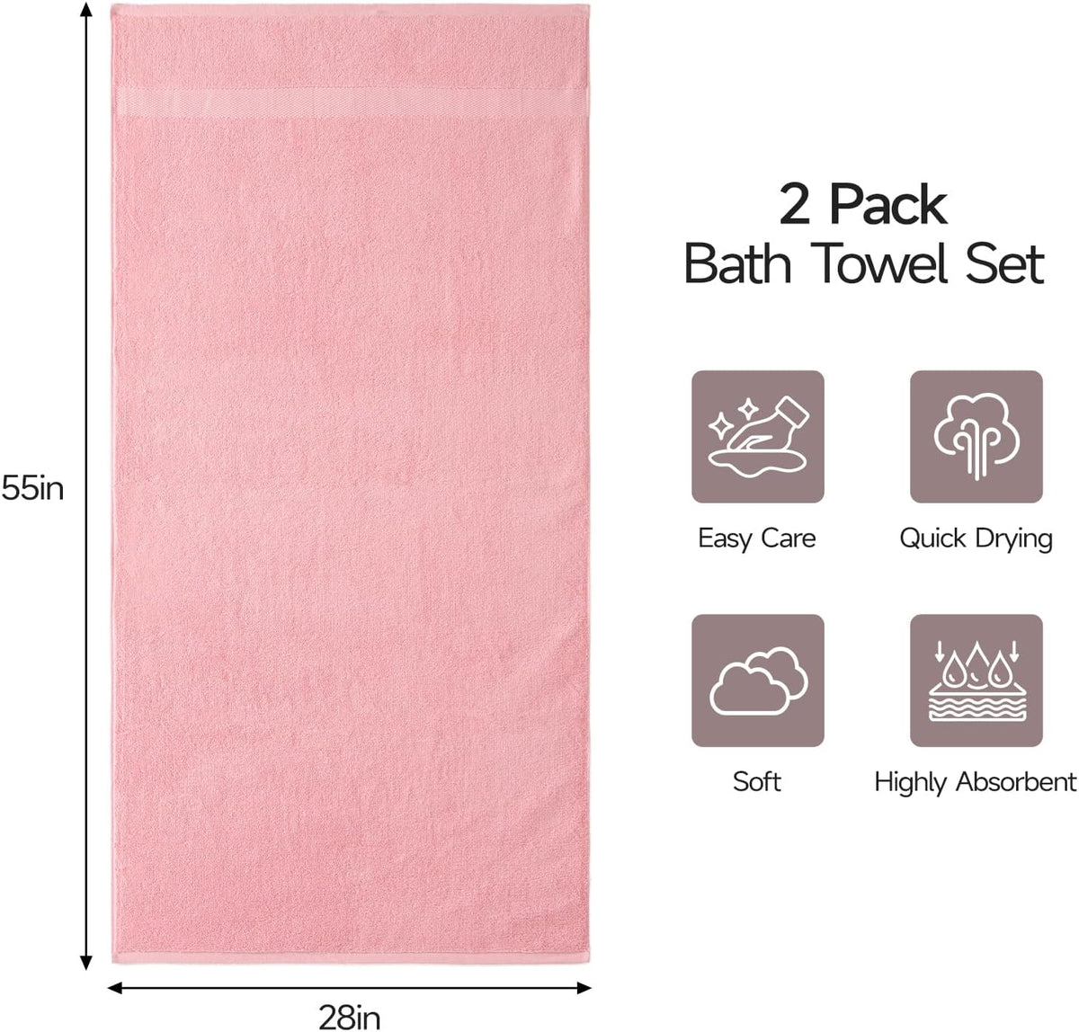 ecolook 2 Pack 100% Cotton Bath Towels, 28 x 55 Inches, Soft