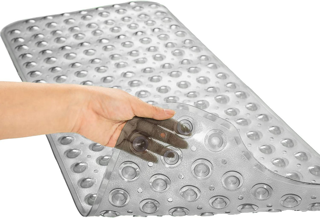 TEESHLY Bathtub Mats for Shower Tub, Extra Long Non-Slip 39 x 16 Inch Bath Mat with Drain Holes and Suction Cups, BathMat for Bathroom with Machine Washable (Clear Grey)