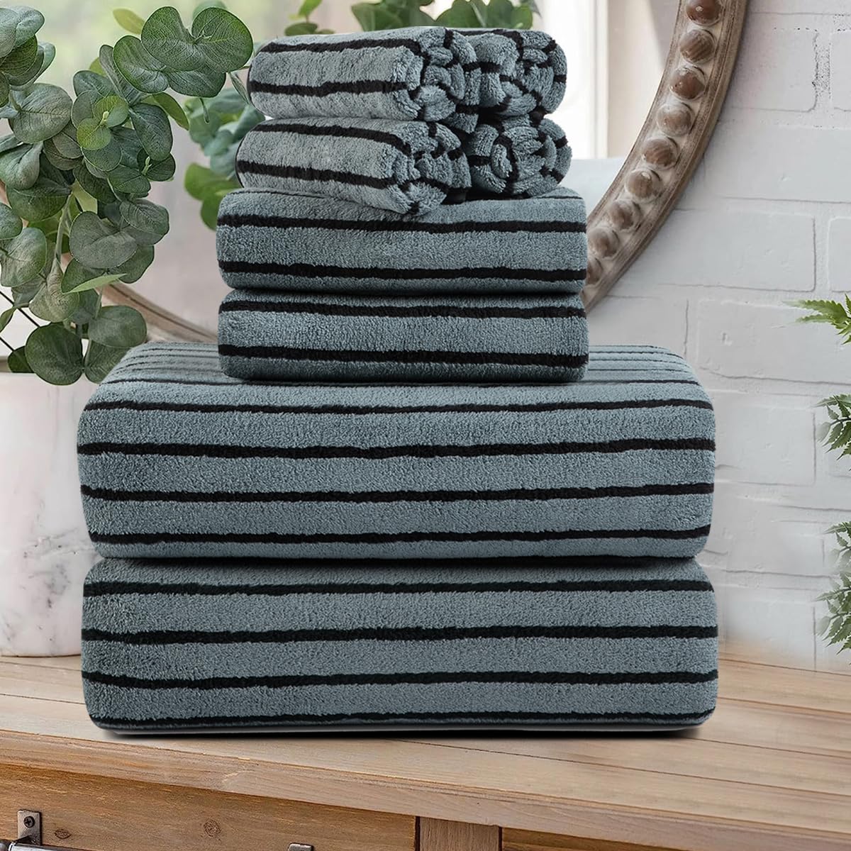 8 Pcs Brown Cabana Stripe Large Bath Towel Set-2 Bathroom Towels,2 Hand Towels,4 Washcloths Lightweight Soft Microfiber Bath Sheet Absorbent Shower Towel Quick Dry Beach Chair Spa Gym Hotel Towels
