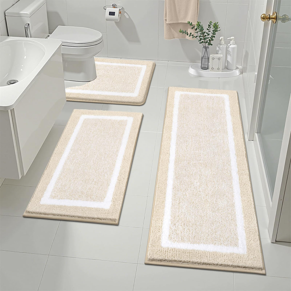 Pauwer Bathroom Rug Sets 3 Piece, Non Slip Washable Bath Mat, Black