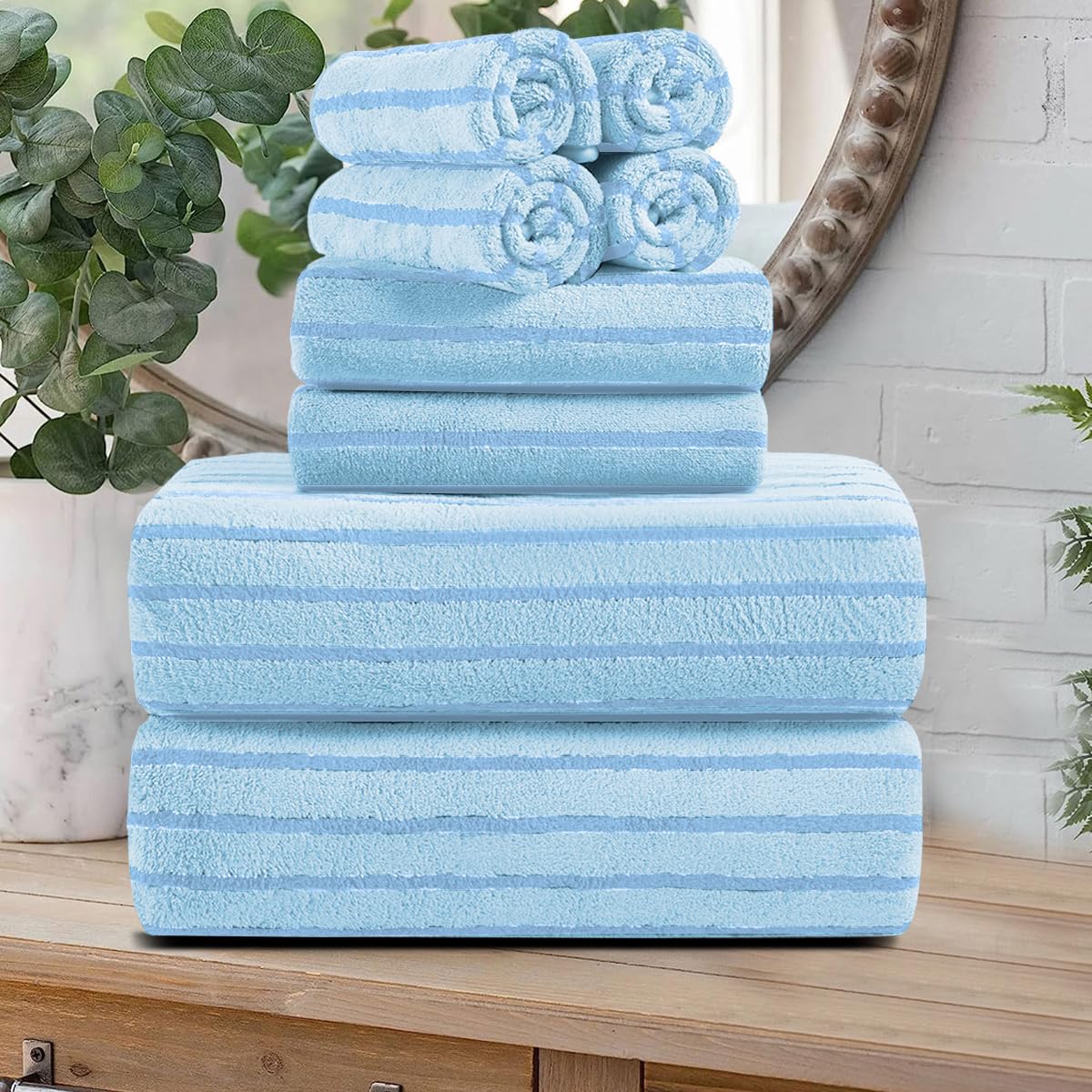 8 Pcs Brown Cabana Stripe Large Bath Towel Set-2 Bathroom Towels,2 Hand Towels,4 Washcloths Lightweight Soft Microfiber Bath Sheet Absorbent Shower Towel Quick Dry Beach Chair Spa Gym Hotel Towels