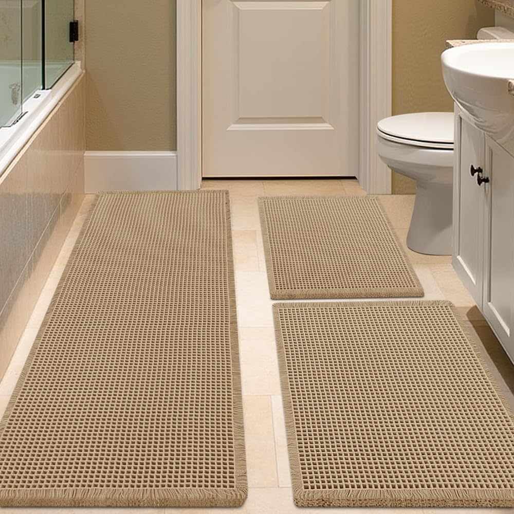 IM HOME Waffle Bath Mat Beige 32"x20", Boho Woven Modern Bath Mat Rugs, Absorbent Non Slip Bathroom Rugs, Soft Washable Bath Rugs with Tassels for Bathroom, Bedroom, Kitchen, Shower, Tub