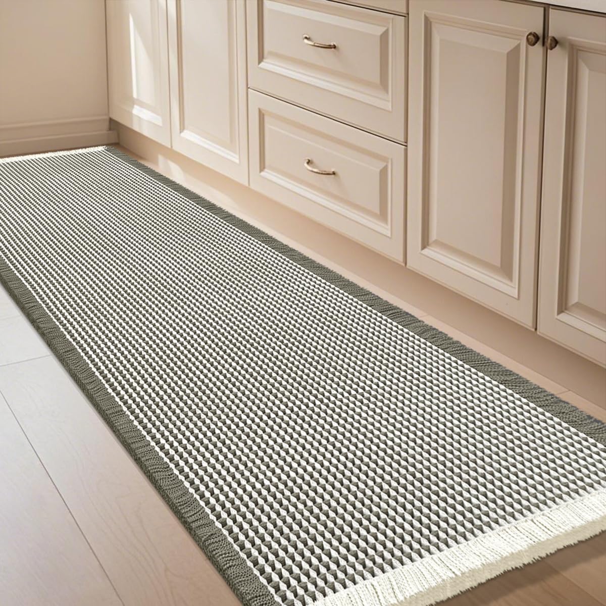 IM HOME Waffle Bath Mat Beige 32"x20", Boho Woven Modern Bath Mat Rugs, Absorbent Non Slip Bathroom Rugs, Soft Washable Bath Rugs with Tassels for Bathroom, Bedroom, Kitchen, Shower, Tub