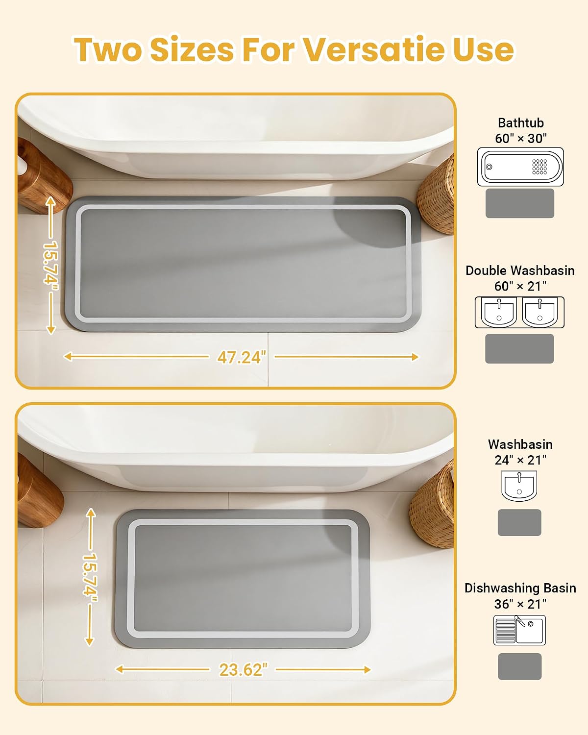 Soft Diatomaceous Earth Bath Mat, Super Absorbent Bath Mat, Quick Dry Large Bathroom Mats, Gray Bathroom Rugs Non Slip Washable, Stone Bath Mats Substitute, Bath Room Runner Decor, 15.74" x 47.2"