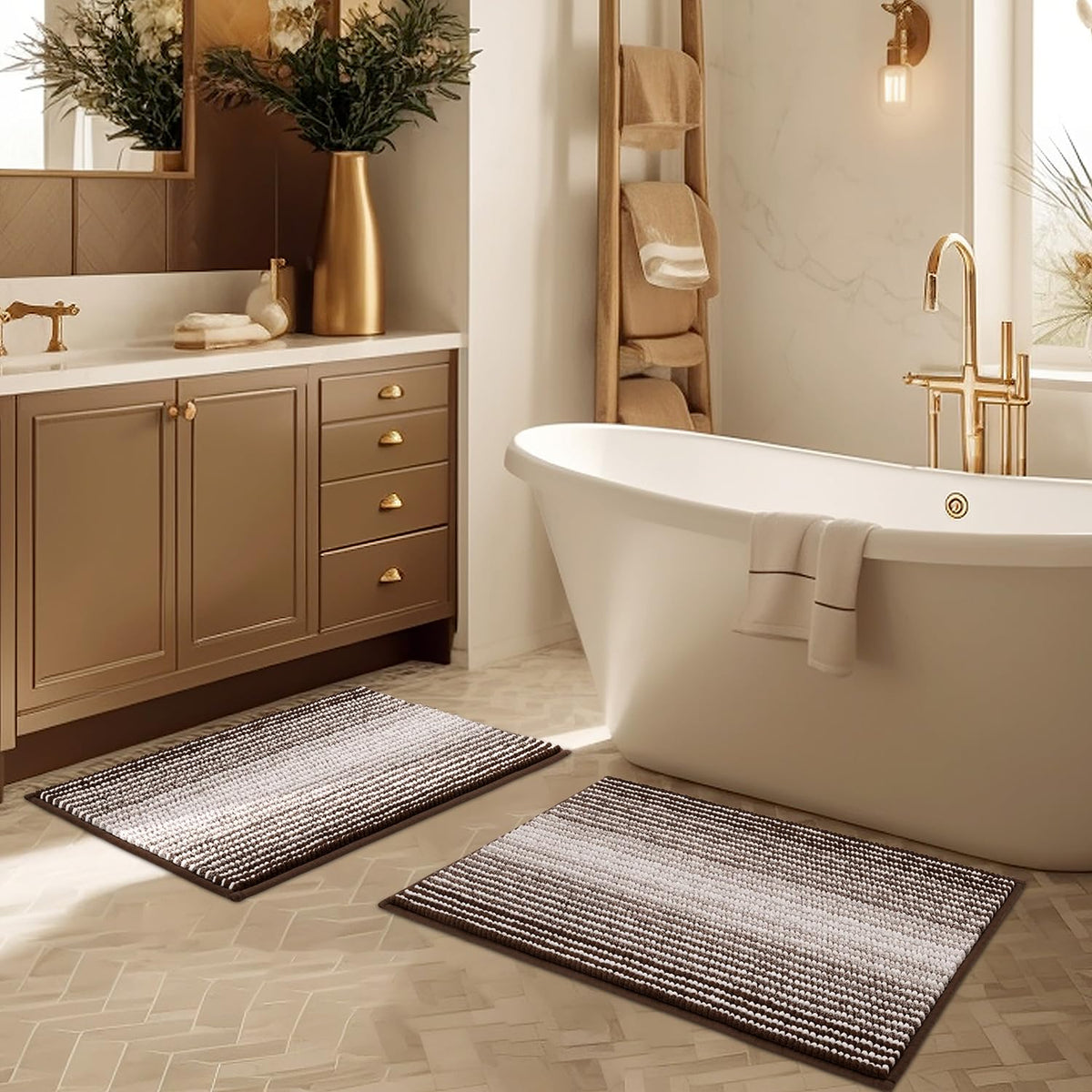 BSICPRO Bathroom Rugs Sets 2 Piece, Non Slip Boho Bath Mats, Beige
