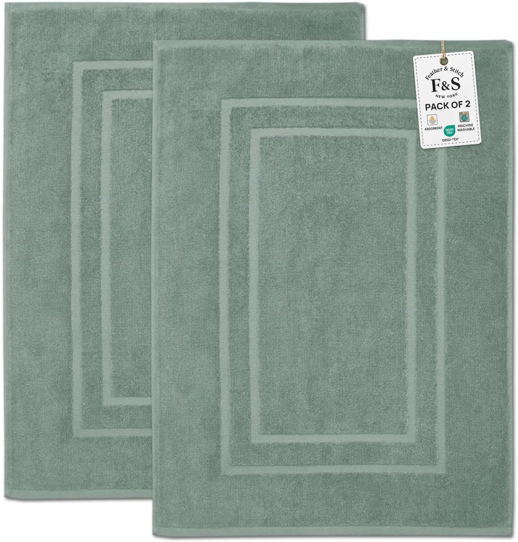 Feather & Stitch 100% Cotton Bath Mats 2 Piece 30x21 Inches, Granite Green