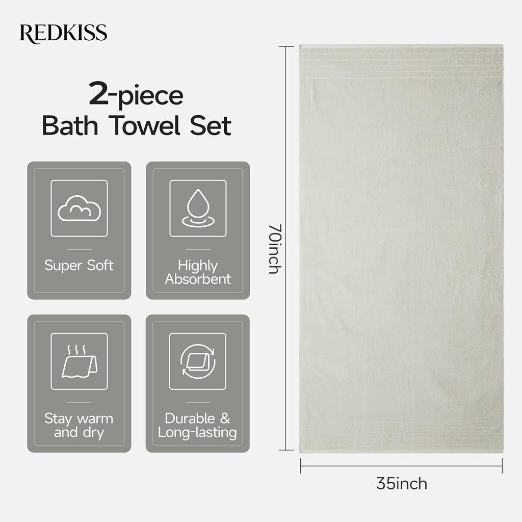 REDKISS 2 Pack Extra Large 35x70 Inch Cotton Bath Towels, Light Gray