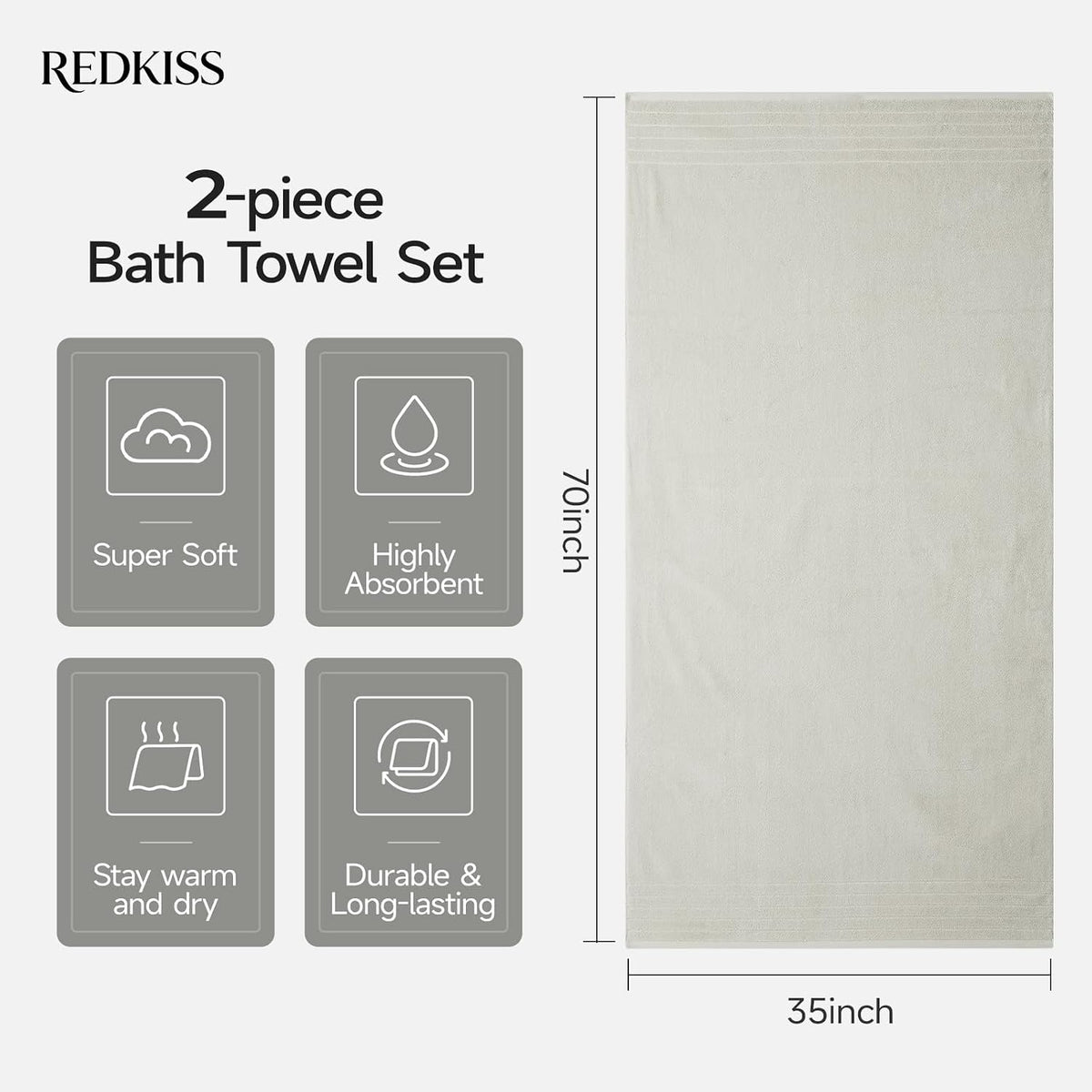 REDKISS 2 Pack Extra Large 35x70 Inch Cotton Bath Towels, Light Gray