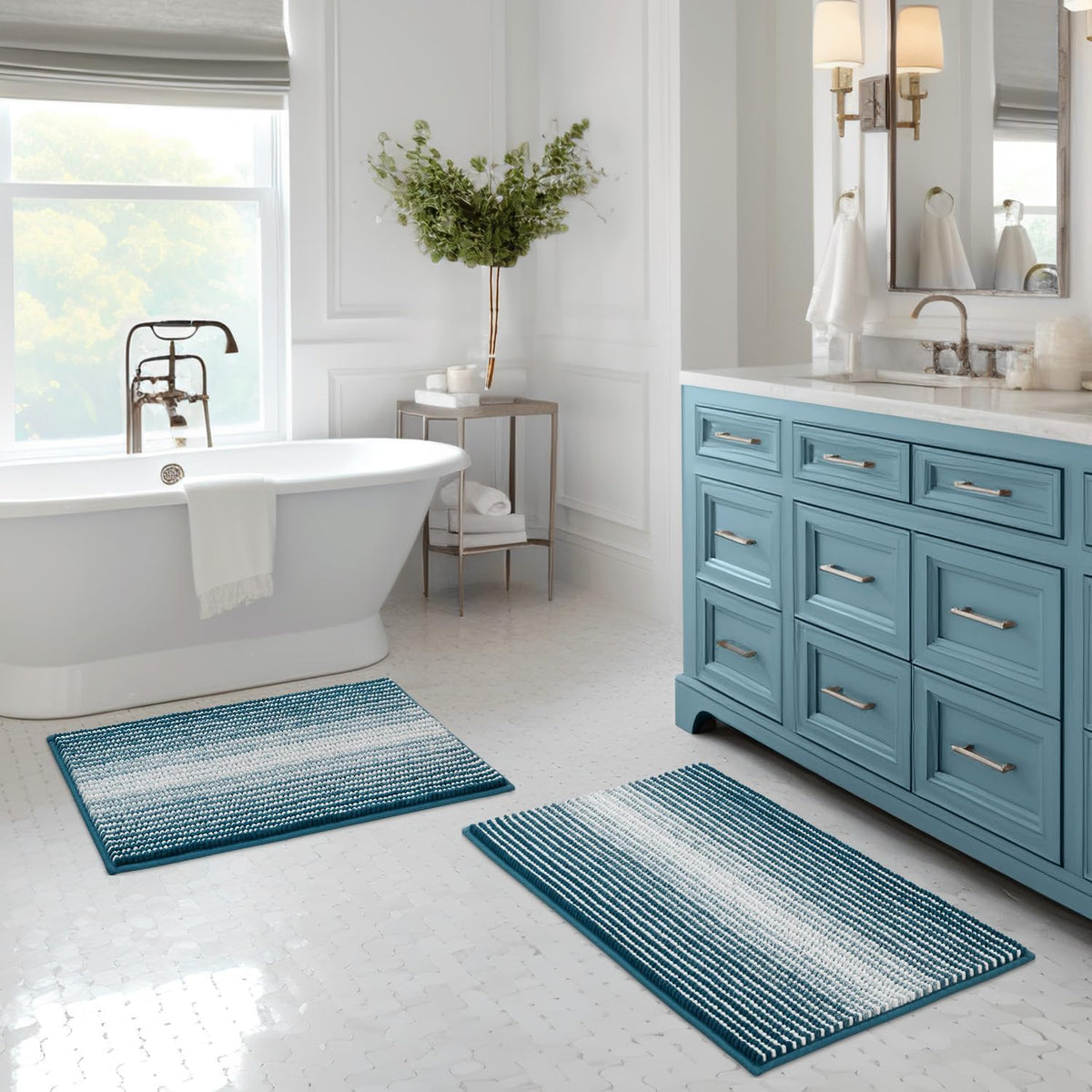 BSICPRO Bathroom Rugs Sets 2 Piece, Non Slip Striped Bath Mats, Aqua Green