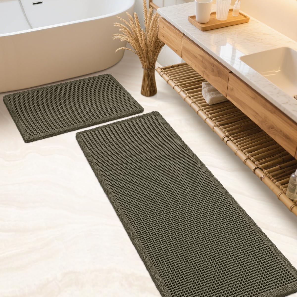 IM HOME Waffle Bath Mat Beige 32"x20", Boho Woven Modern Bath Mat Rugs, Absorbent Non Slip Bathroom Rugs, Soft Washable Bath Rugs with Tassels for Bathroom, Bedroom, Kitchen, Shower, Tub