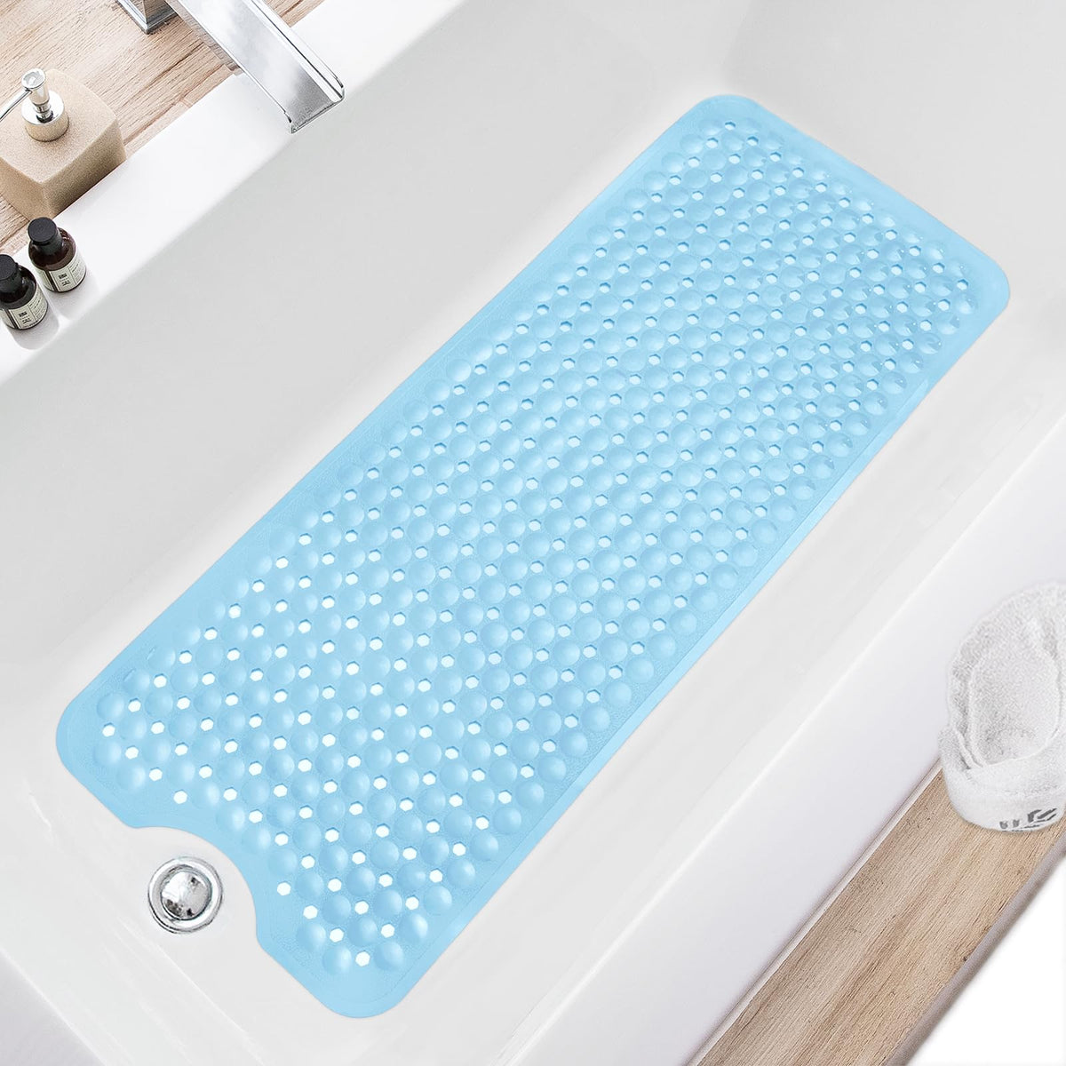 TEESHLY Bath Tub and Shower Mats, Non Slip 40 x 16 Inch Extra Large Bathtub Mat, Machine Washable Bathmat with Drain Holes, Suction Cups for Bathroom Floor, Gray