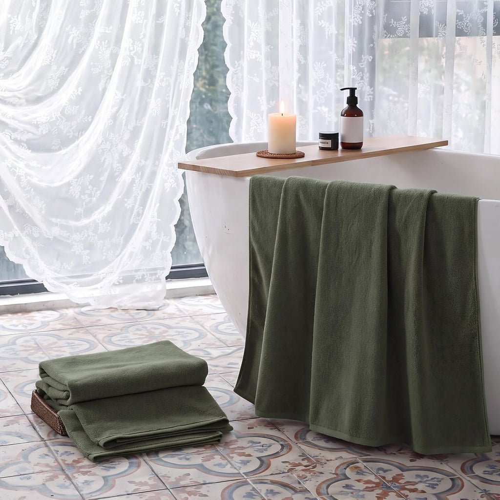 REDKISS 2 Pack 100% Cotton Large Bath Towels 35 x 70 Inches, Olive Green