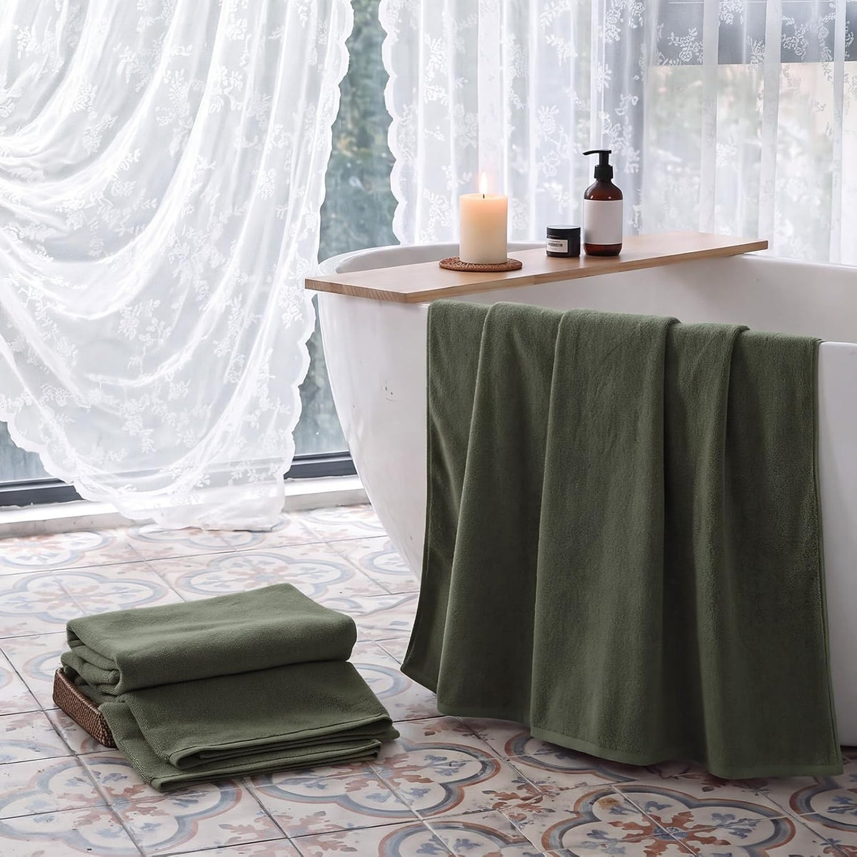 REDKISS 2 Pack 100% Cotton Large Bath Towels 35 x 70 Inches, Olive Green