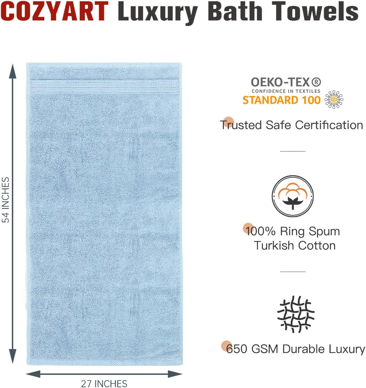 COZYART Luxury Bath Towels 4 PCS, 27x54 650 GSM Turkish Cotton, Light Blue
