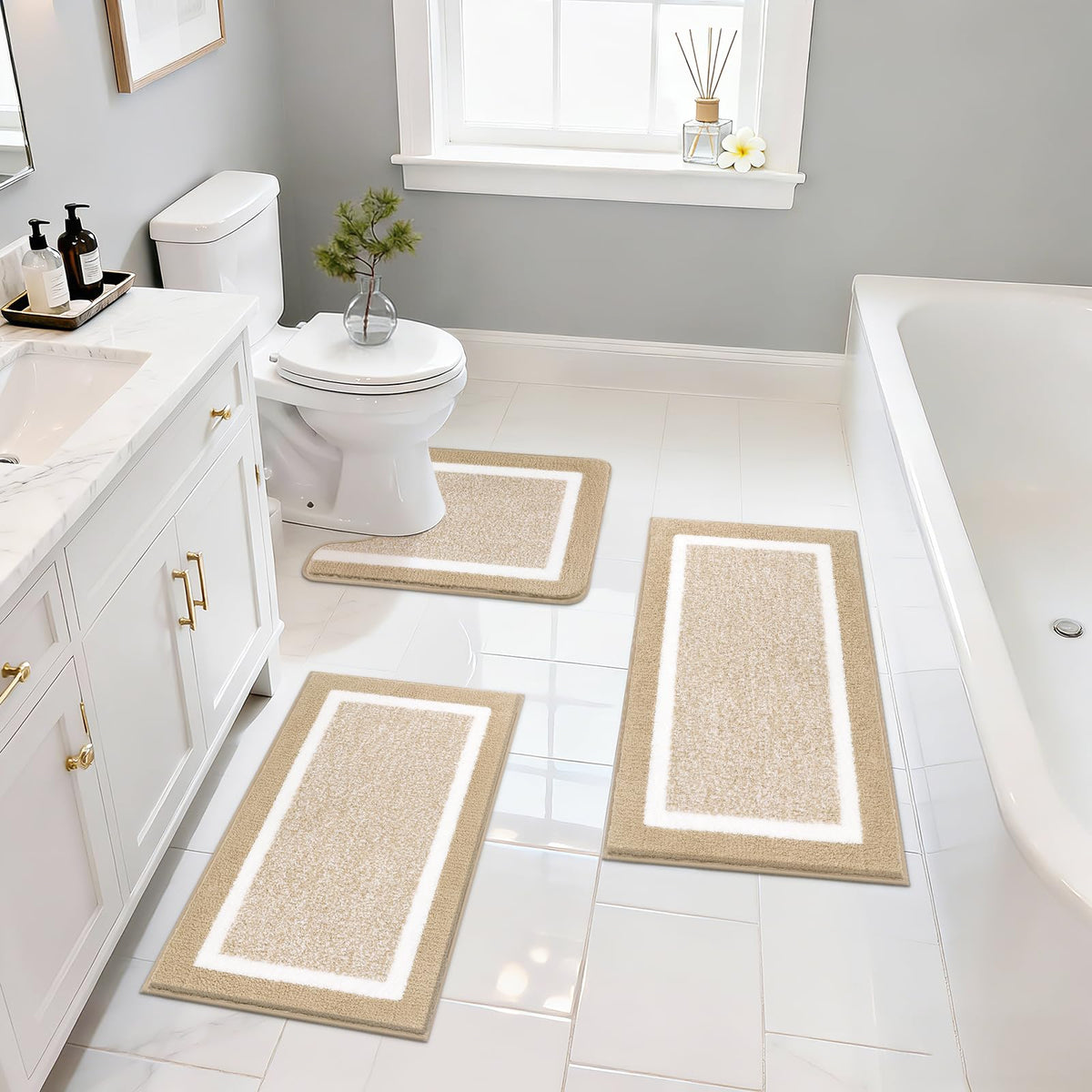 Pauwer Bathroom Rug Sets 3 Piece, Non Slip Washable Bath Mat, Black