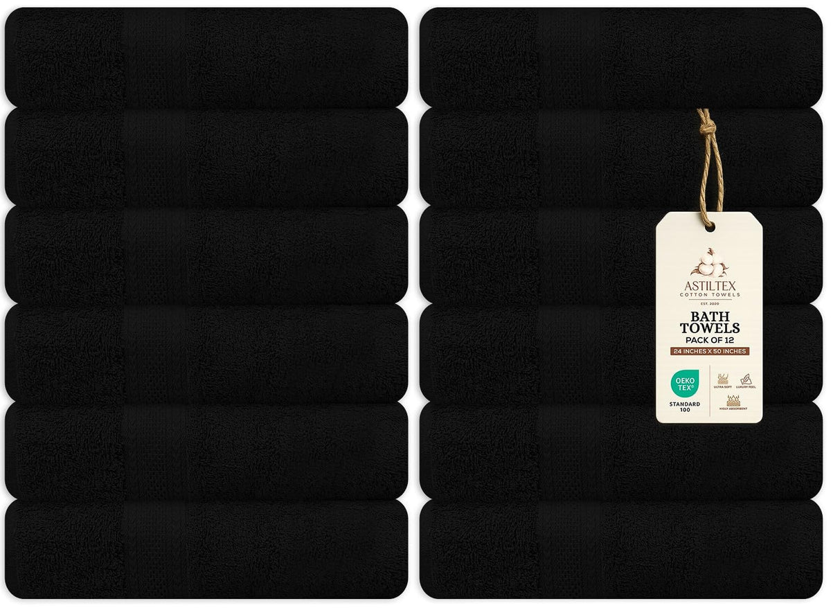 Bath Towels Pack of 6 – 24" x 48" – 100% Cotton Terry, Soft, Quick-Dry & Highly Absorbent – Black Towels for Bathroom, Spa, Gym, Hotel, Pool & Everyday Use