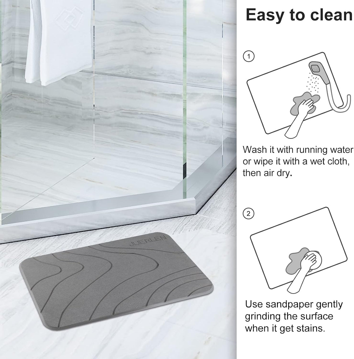 JUERLEN 2 Pack Diatomaceous Earth Shower Mat, Stone Bath Mat, Nonslip Super Absorbent Fast-Drying Hard Bath Mat for Bathroom Shower Floor, 24 x 16 inch, Grey Wave Design
