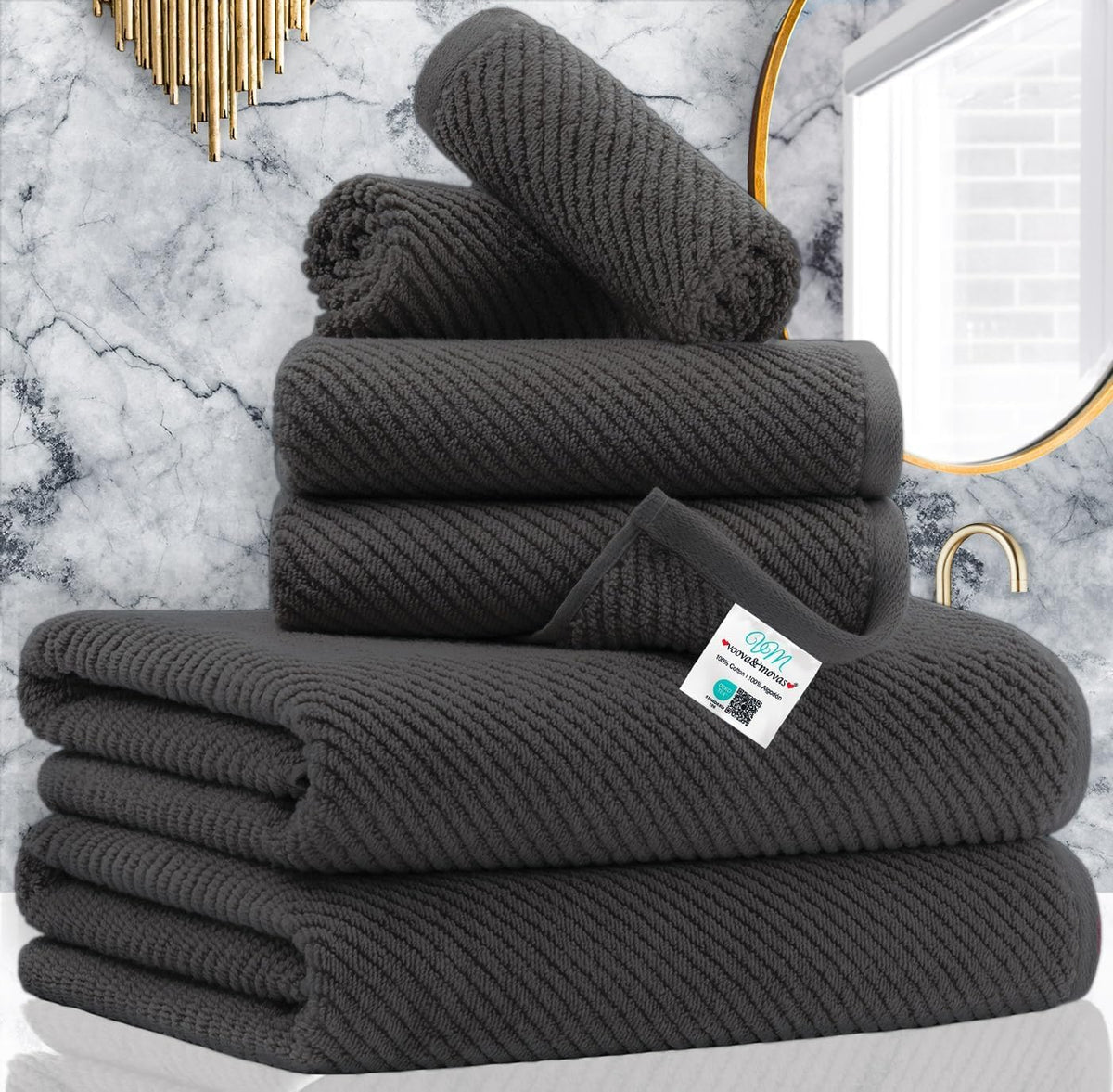 VOOVA & MOVAS 6PC Towel Set, 100% Cotton, Dark Grey