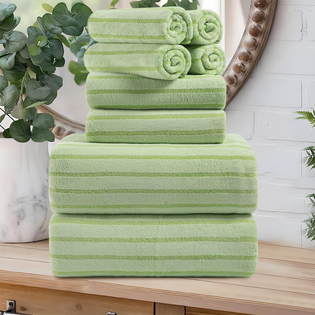 8 Pcs Brown Cabana Stripe Large Bath Towel Set-2 Bathroom Towels,2 Hand Towels,4 Washcloths Lightweight Soft Microfiber Bath Sheet Absorbent Shower Towel Quick Dry Beach Chair Spa Gym Hotel Towels
