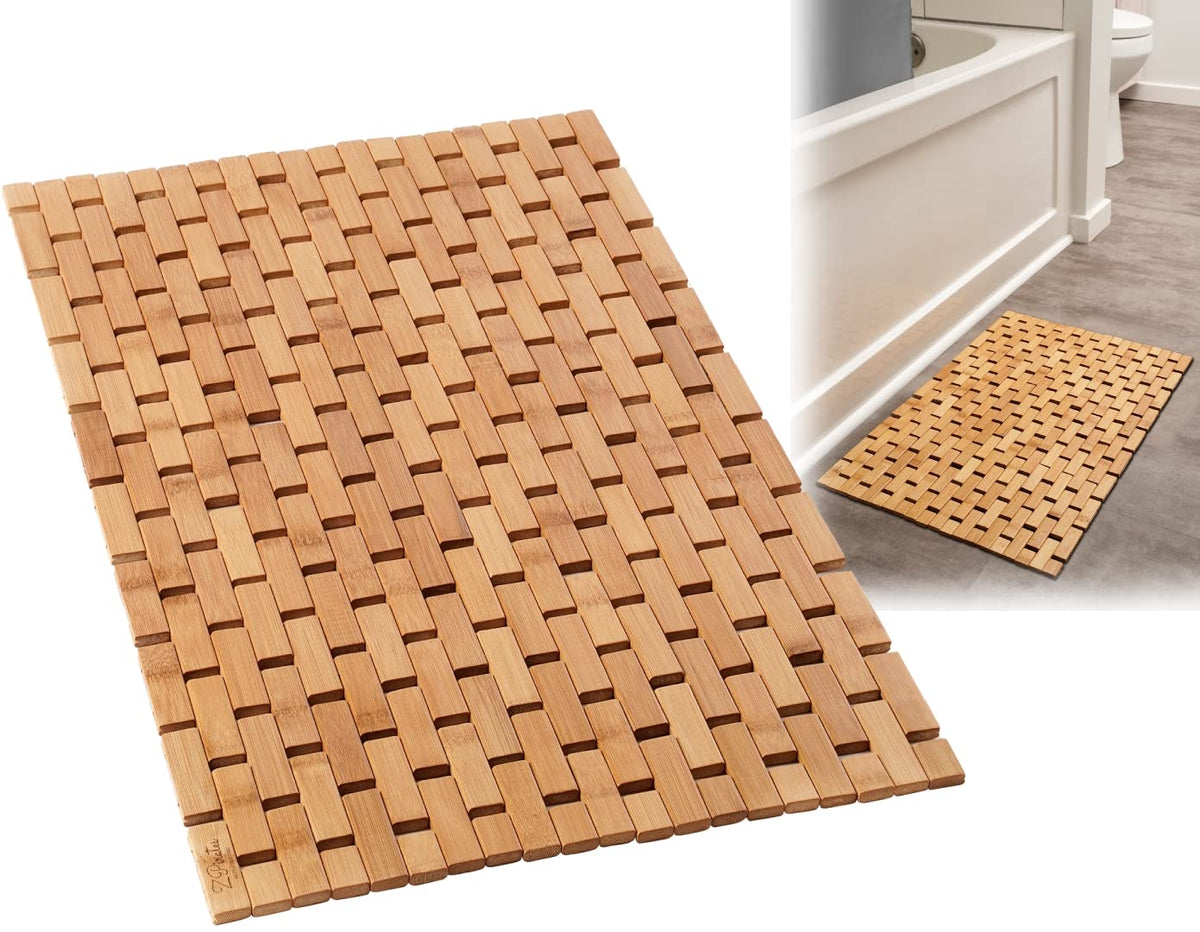 Bamboo Bath Mat, 34 x 18 Inch Foldable Roll-Up Wood Bathmat