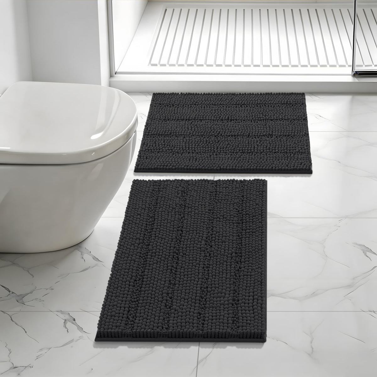 Bcoimo Small Bath Rug Mat,24x17 Chenille Non Slip Black Bathroom Floor Mats