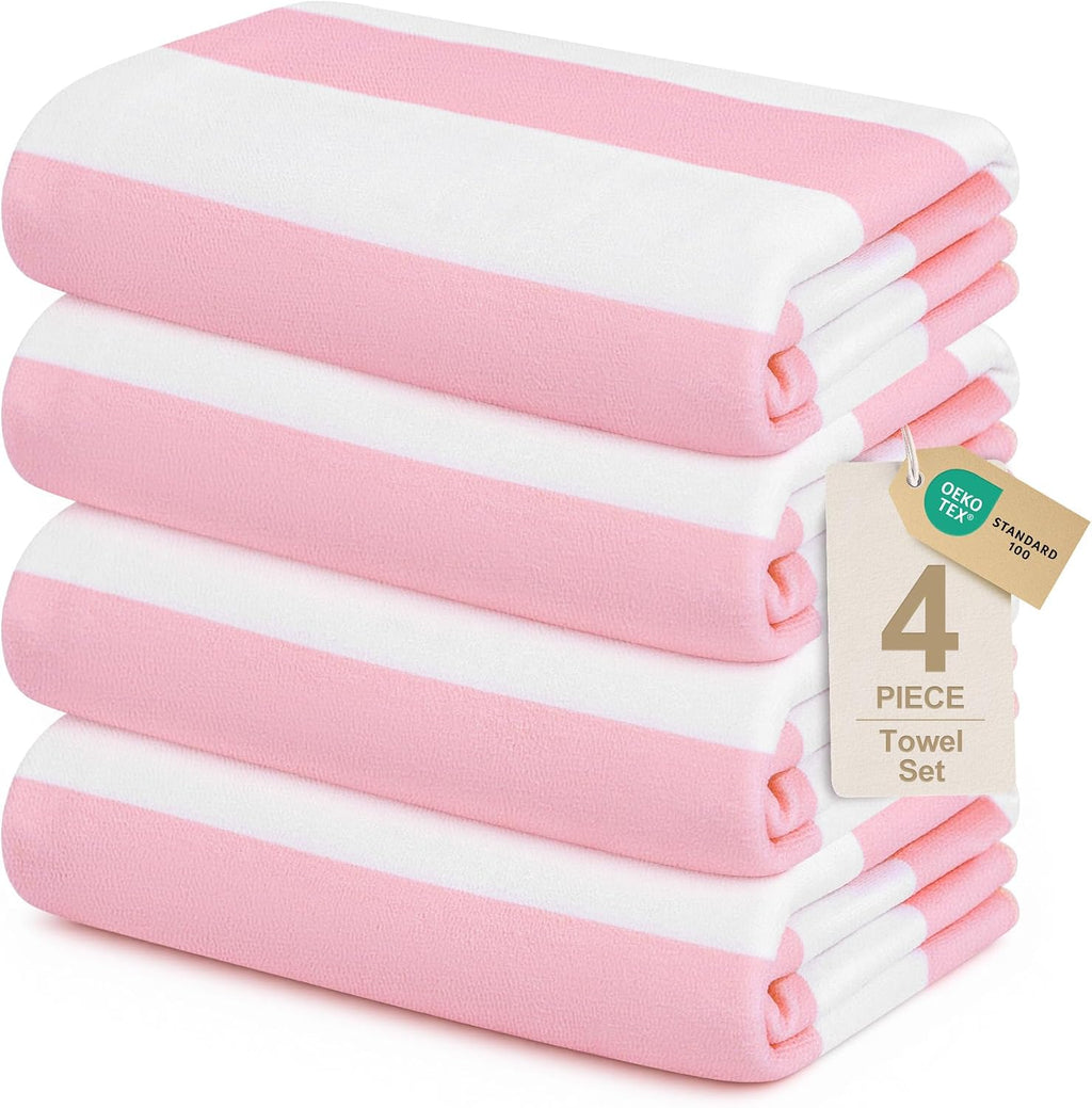 Touchat 4 Pack Beach Towels Oversized 30'' x 60'' Microfiber Pool Swim Bath Camping Travel Cabana Stripe Quick-Dry Super Absorbent Lightweight Sand Free Towel for Adults, Multi-Functional，Pink