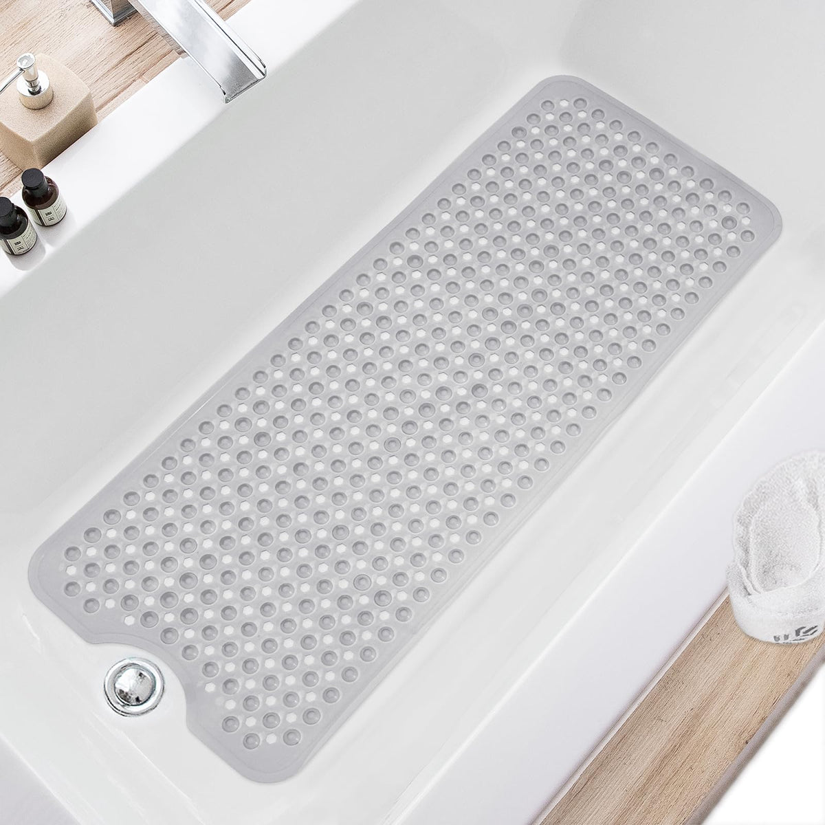 TEESHLY Bath Tub and Shower Mats, Non Slip 40 x 16 Inch Extra Large Bathtub Mat, Machine Washable Bathmat with Drain Holes, Suction Cups for Bathroom Floor, Gray