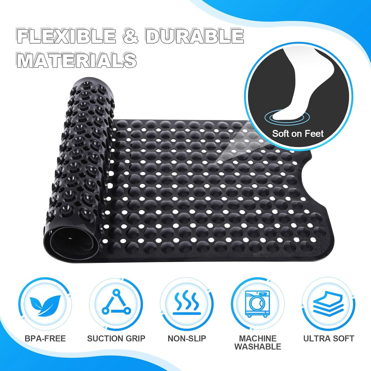 Bathtub and Shower Mats, 40x16 Inch Extra Large Non Slip Soft Bath Tub Mat with Suction Cups and Drain Holes for Bathroom Floor and Keep Tubs Clean, Machine Washable, Black