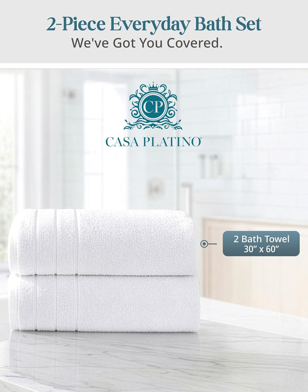 Casa Platino Bath Towels 100% Cotton 2 Piece Soft Absorbent - White