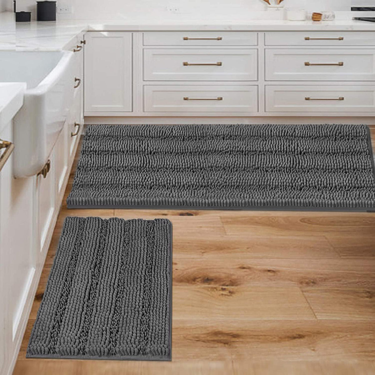 H.VERSAILTEX Sage Bathroom Rugs, Bath Mat Set of 2 Extra Thick Chenille Striped Pattern Shaggy Bath Rugs for Bath Room, Non Skid Bath Mats for Bathroom Floor (32 x 20 Plus 24 x 17 - Inches)